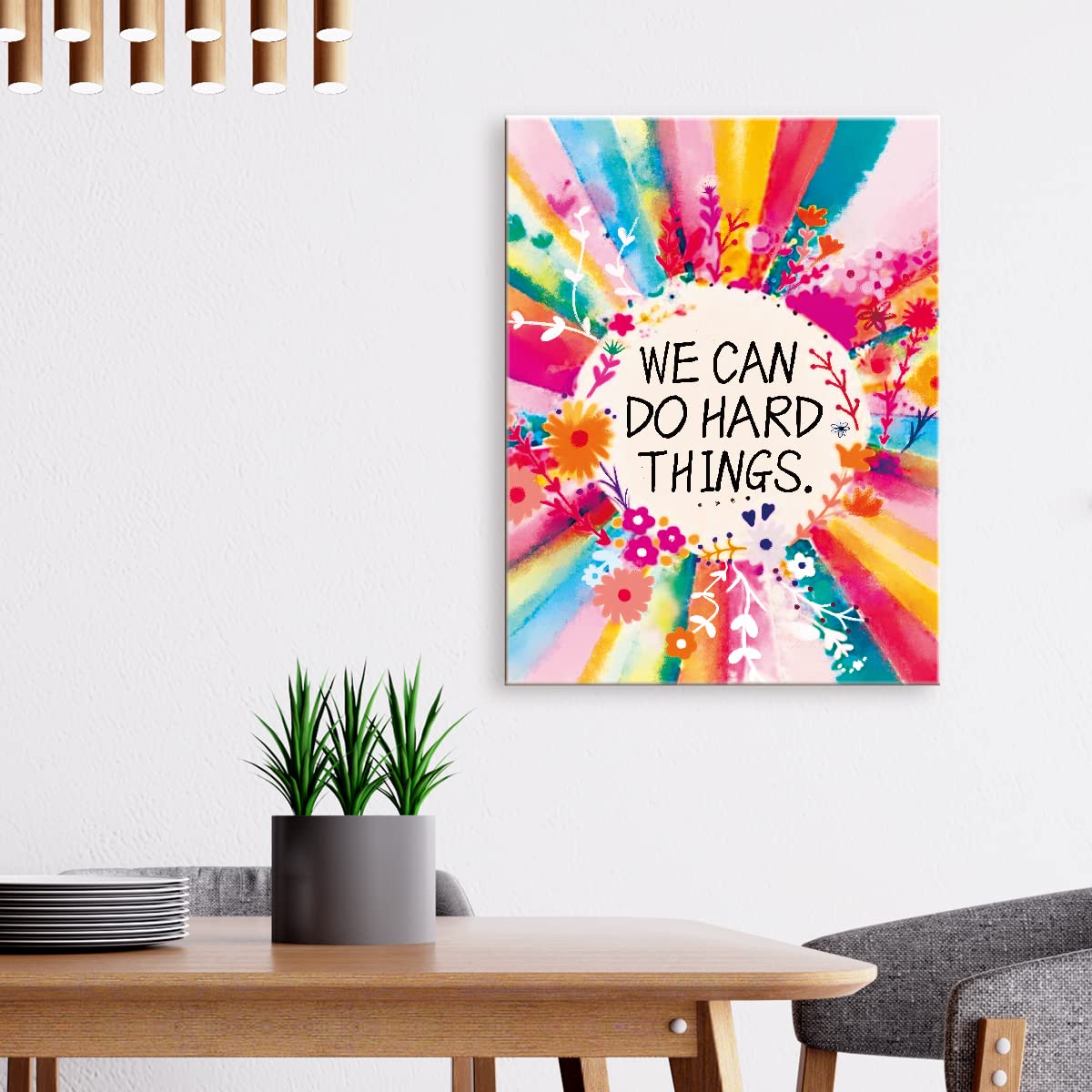 We Can Do Hard Things Inspirational Canvas Framed Wall, Colorful Flowers Girls Affirmation Motivational Canvas Framed Print For