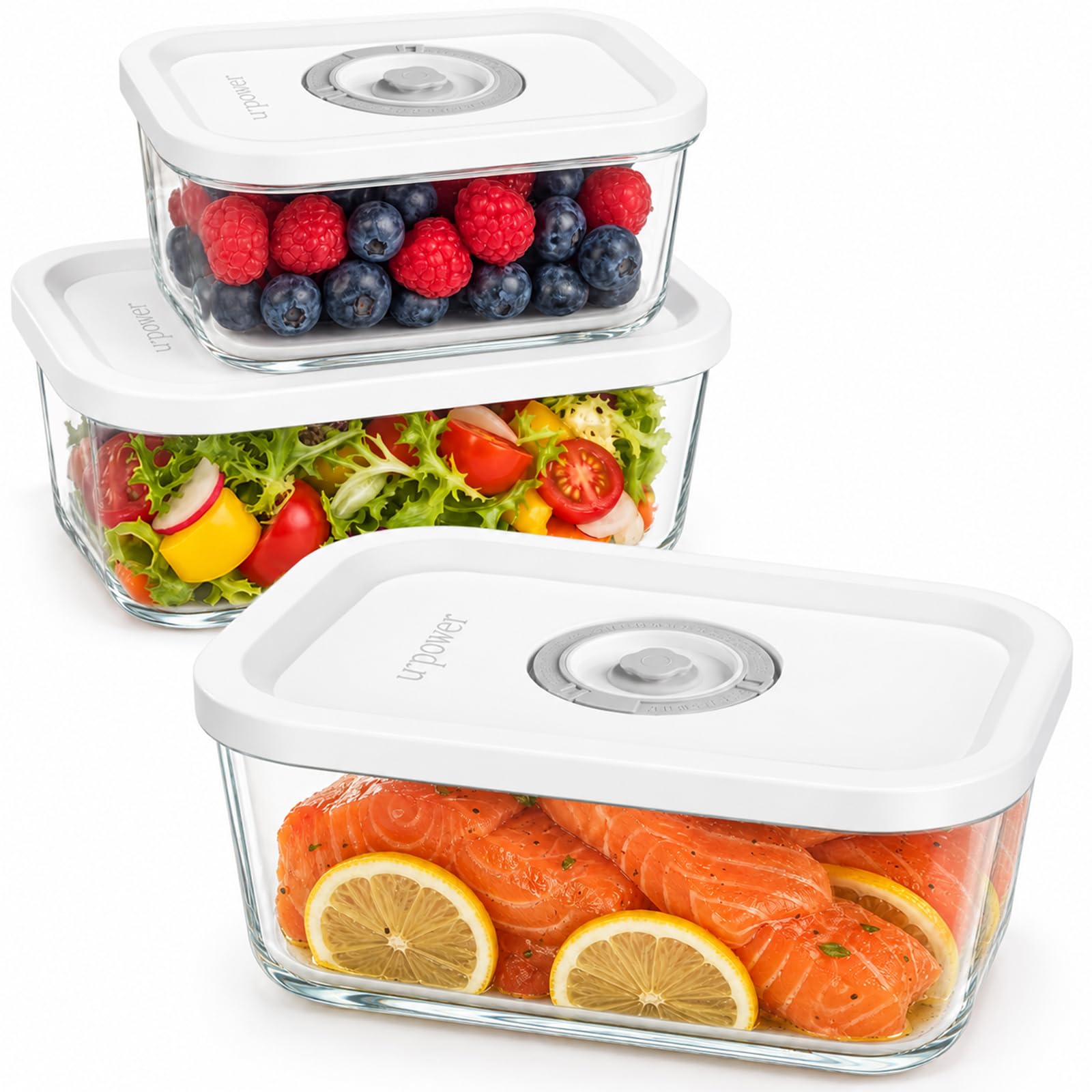 URPOWER Glass Vacuum Seal Containers for Food Storage, 3PCS Set with Lids