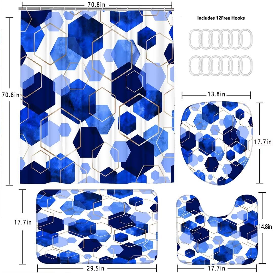 Lqcool Blue Bathroom Curtain Set, 4Pcs Modern Art Geometric Shower Curtain With 12 Hooks, Waterproof, Blackout, 70.8' L X 70.8'