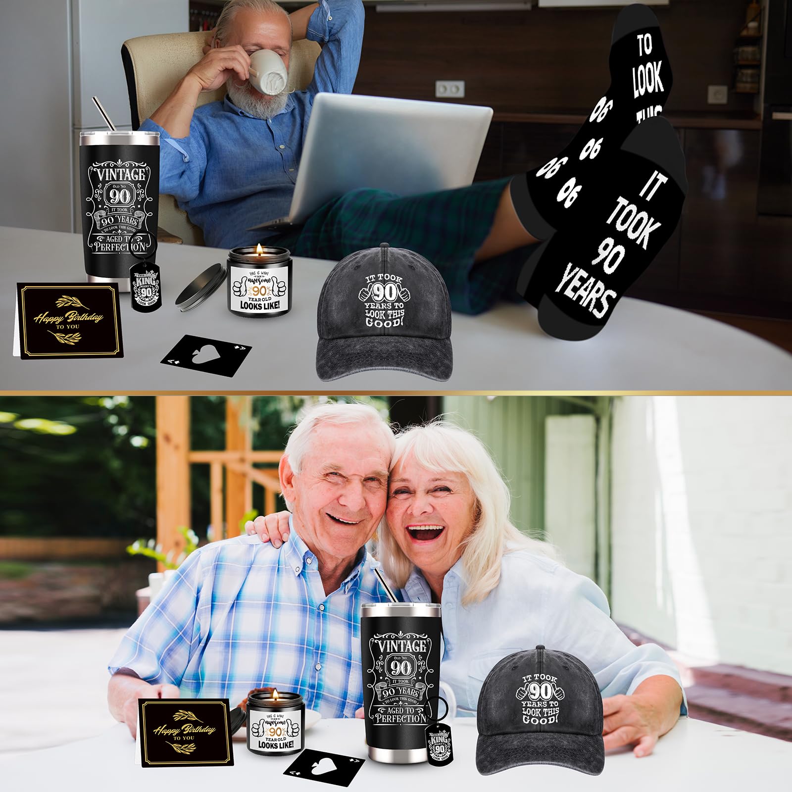 JTAMOHI 90th Birthday Gifts for Men - Unique Box with 20 Oz Tumbler, Scented Candle, Socks, Baseball Cap for Husband, Dad, Grand