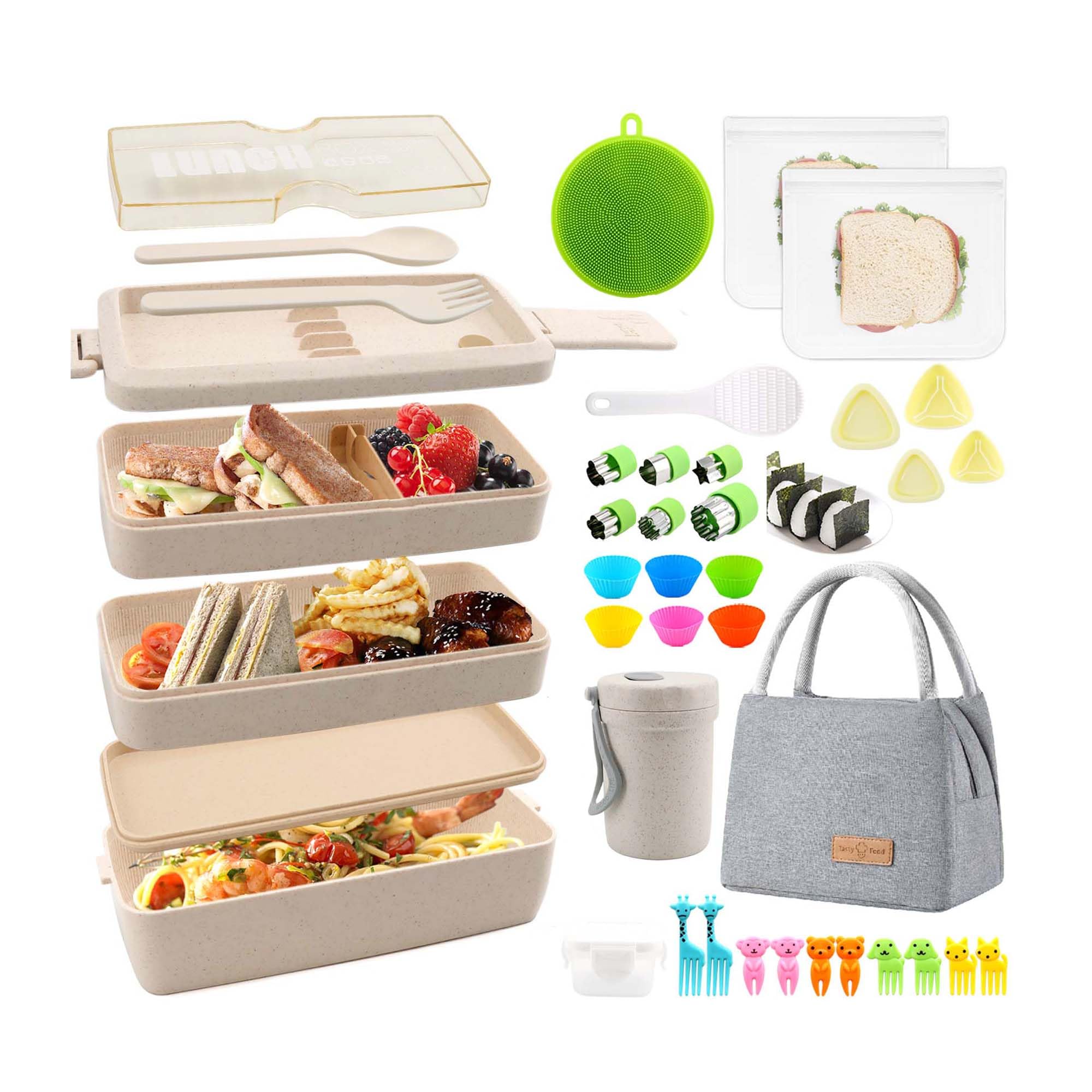 Meltset M 35Pcs Bento Box Japanese Lunch Box Kit Leakproof Bento Lunch Box For Kids Adults Wheat Straw 3 Layer Stackable Lunch C