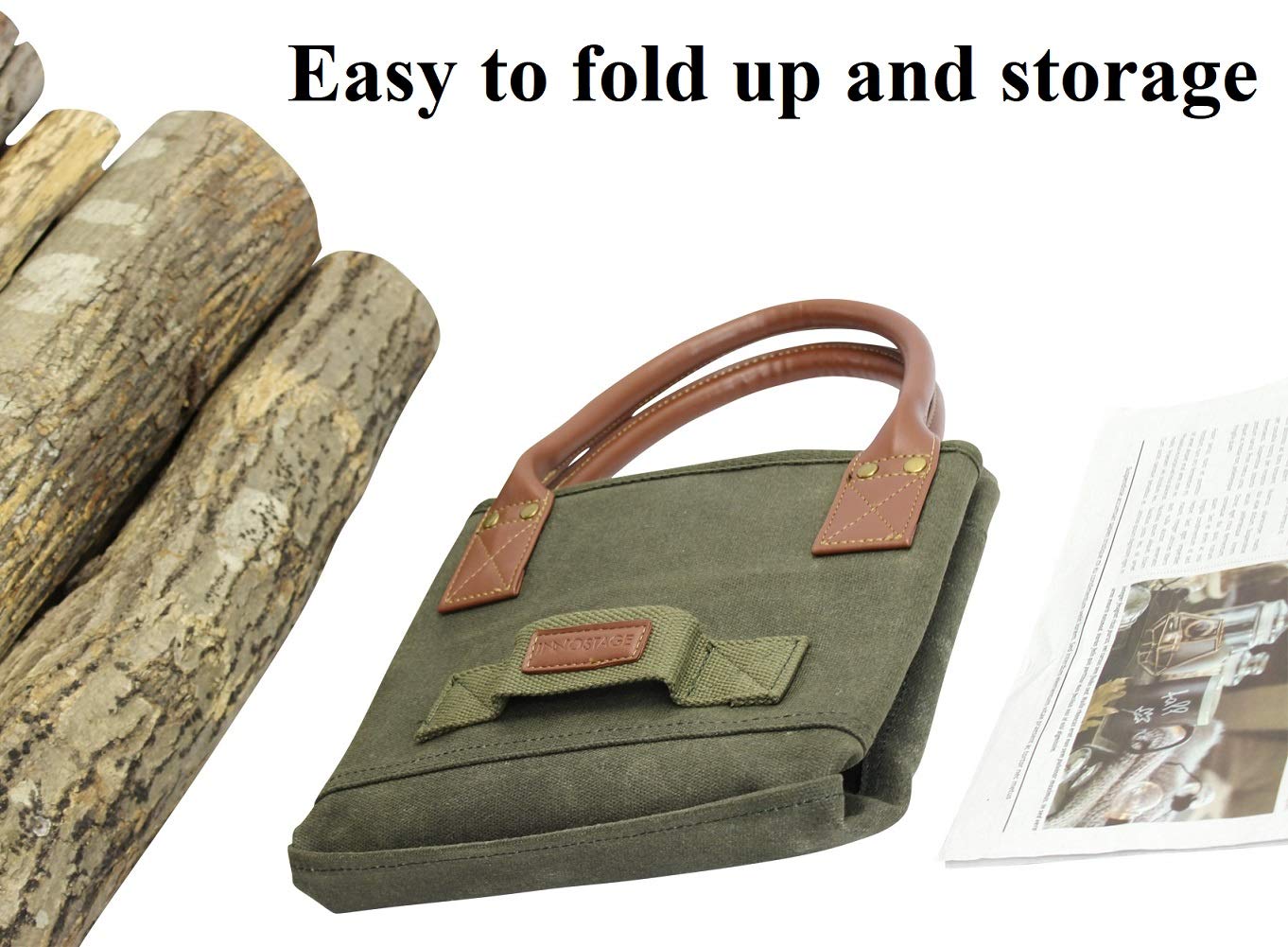 INNO STAGE Firewood Log Carrier Bag Waxed Canvas Tote Holder with Fireplace Pure Leather Gloves Set for Camping  BBQ Barbecue- Green Bag