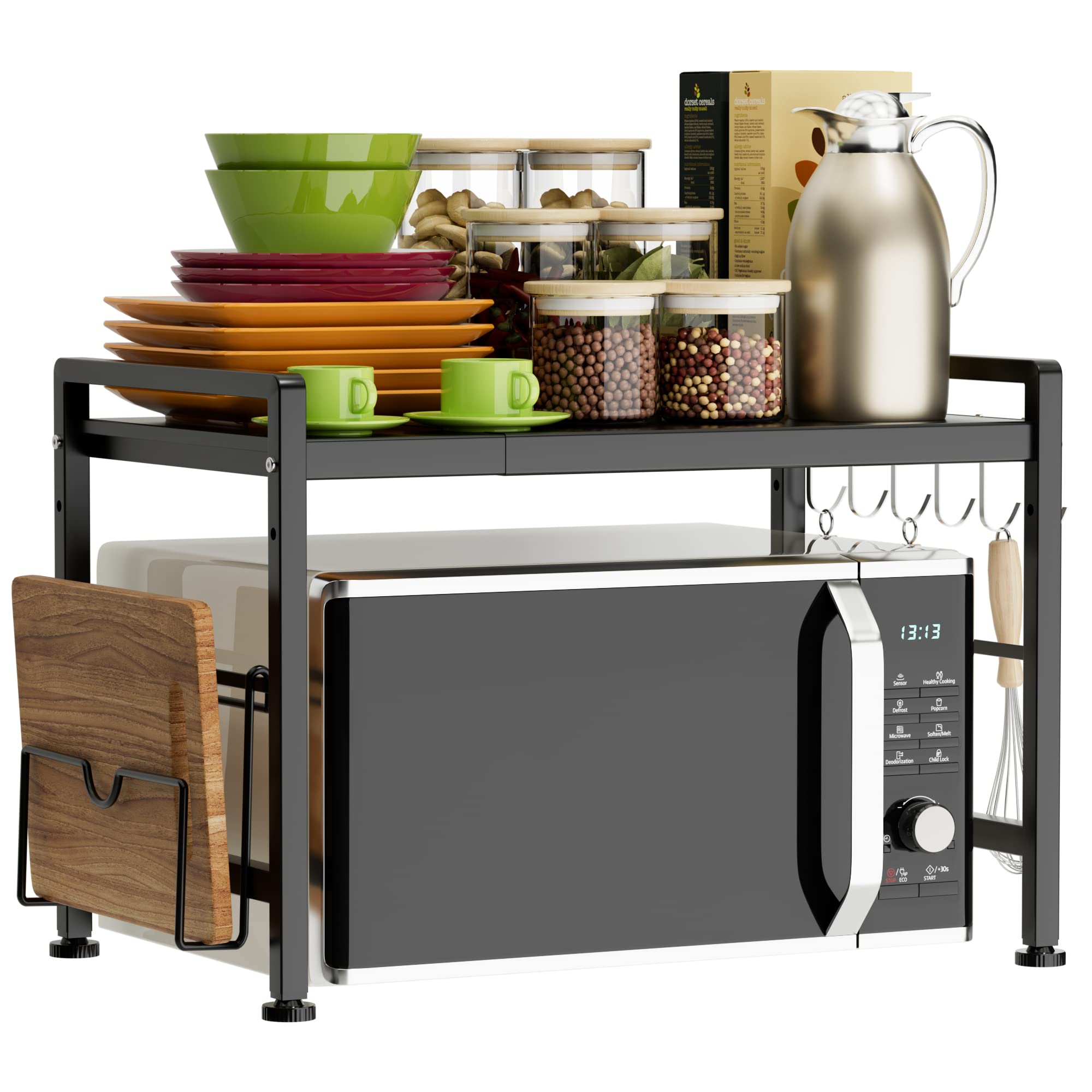 YIUKEA 2 Tier Expandable Microwave Stand Countertop Oven Rack with 6 Hooks
