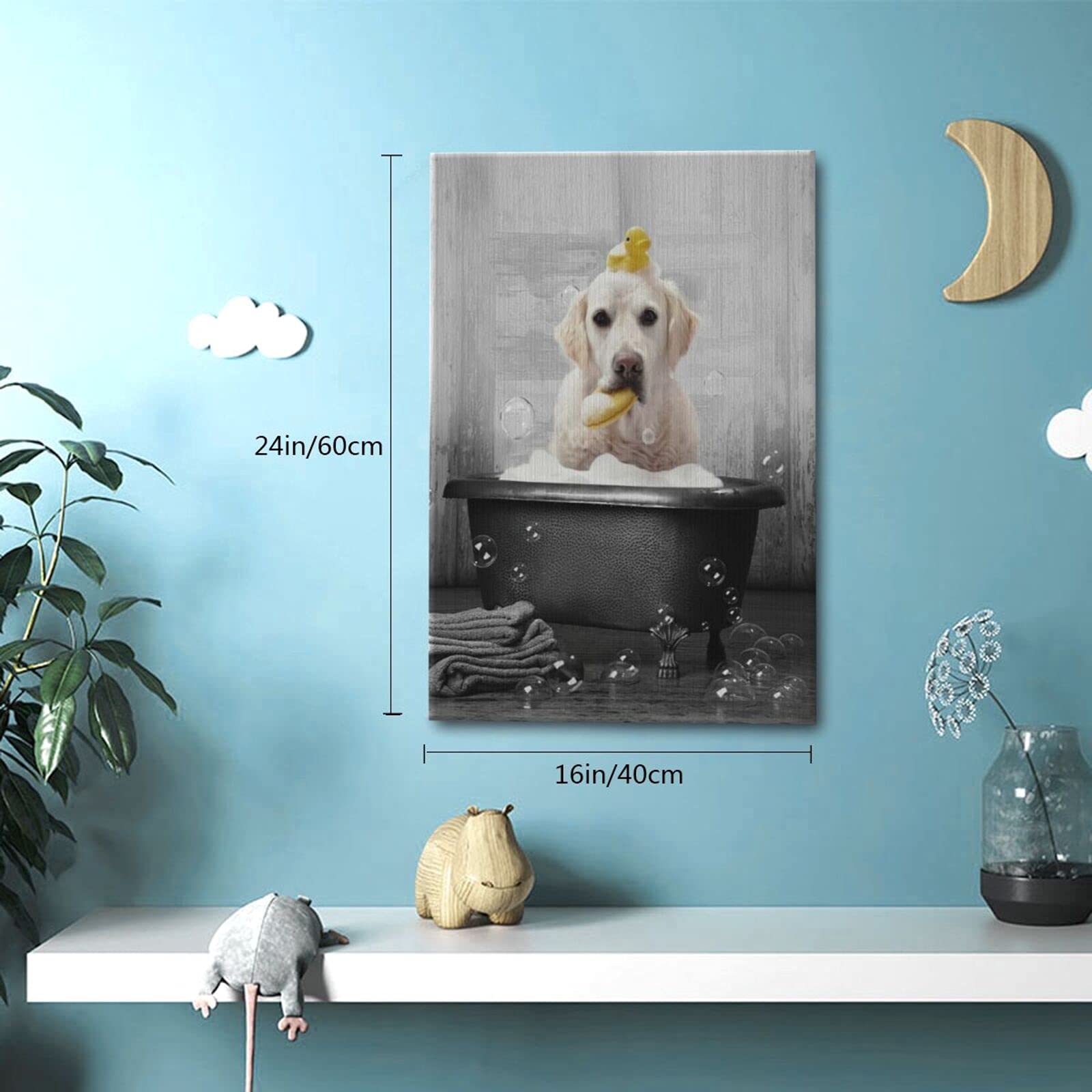 Kuphsod Dog In Bathtub Canvas Wall Art Black And White Animals Bathroom Decor Print Painting Funny Bathtub Labrador Pictures Mod