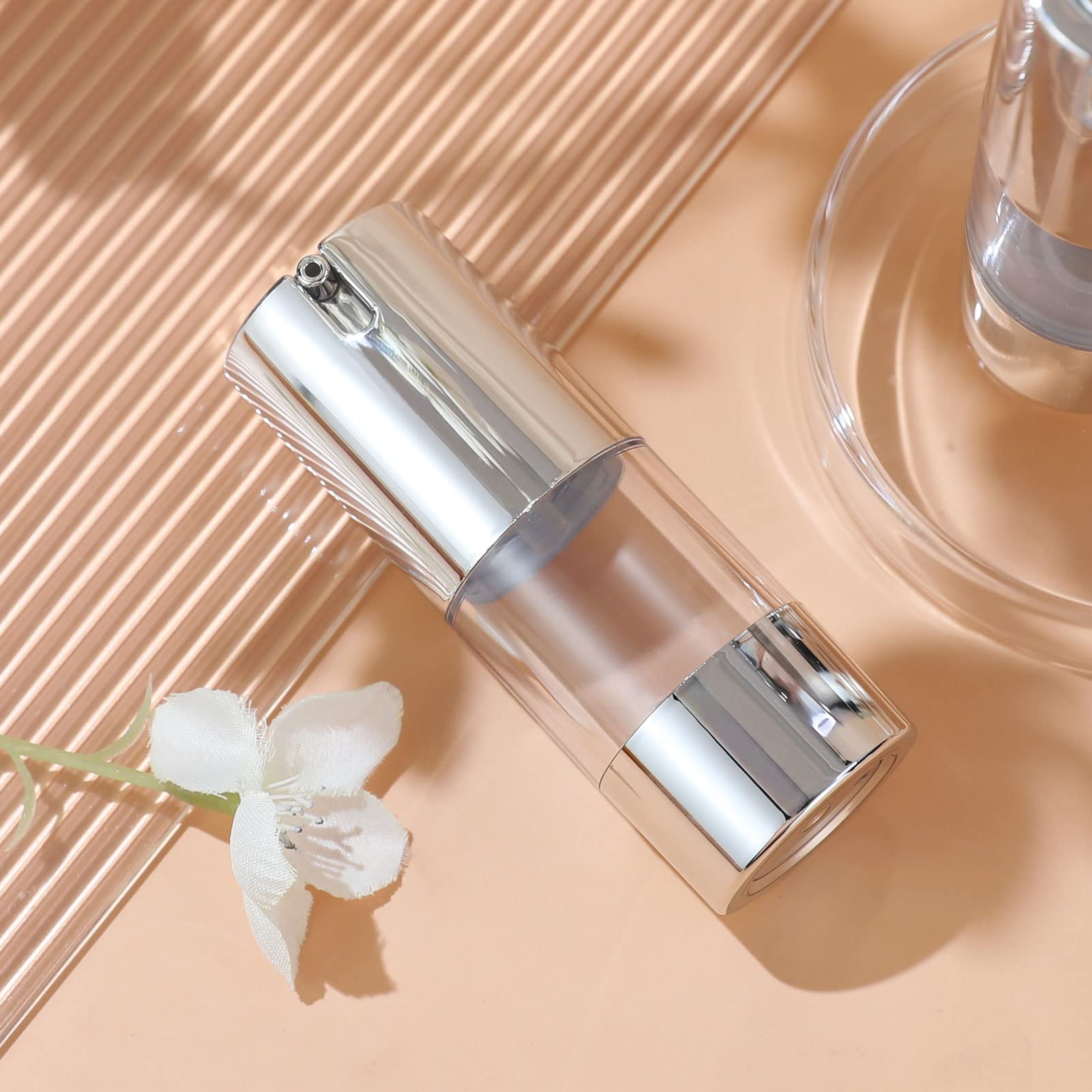 Longway 15Ml Airless Pump Bottle Silver Airless Cosmetic Cream Pump Bottle Travel Size Dispenser Refillable Containers(0.5Oz,Pac