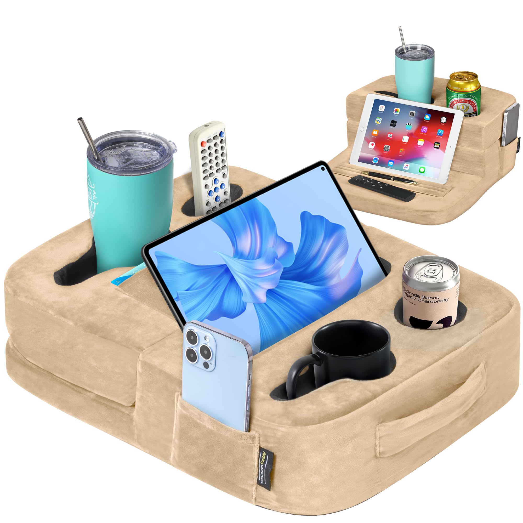 Tabcouchcaddy - Couch Cup Holder Tray Pillow - Bed, Couch Caddy, Sofa, Rv & Car - Holds Drinks, Snacks, Remotes, Phones, Kindle,