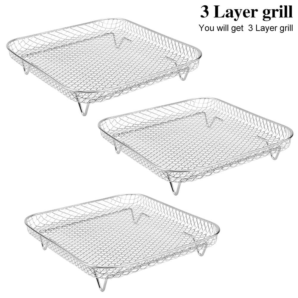 8'' Air Fryer Rack For Air Fryer, Stainless Steel Three-Layer Air Flow Rack With Rus-Tproof Oil Brush Food Clip,Air Fryer Access