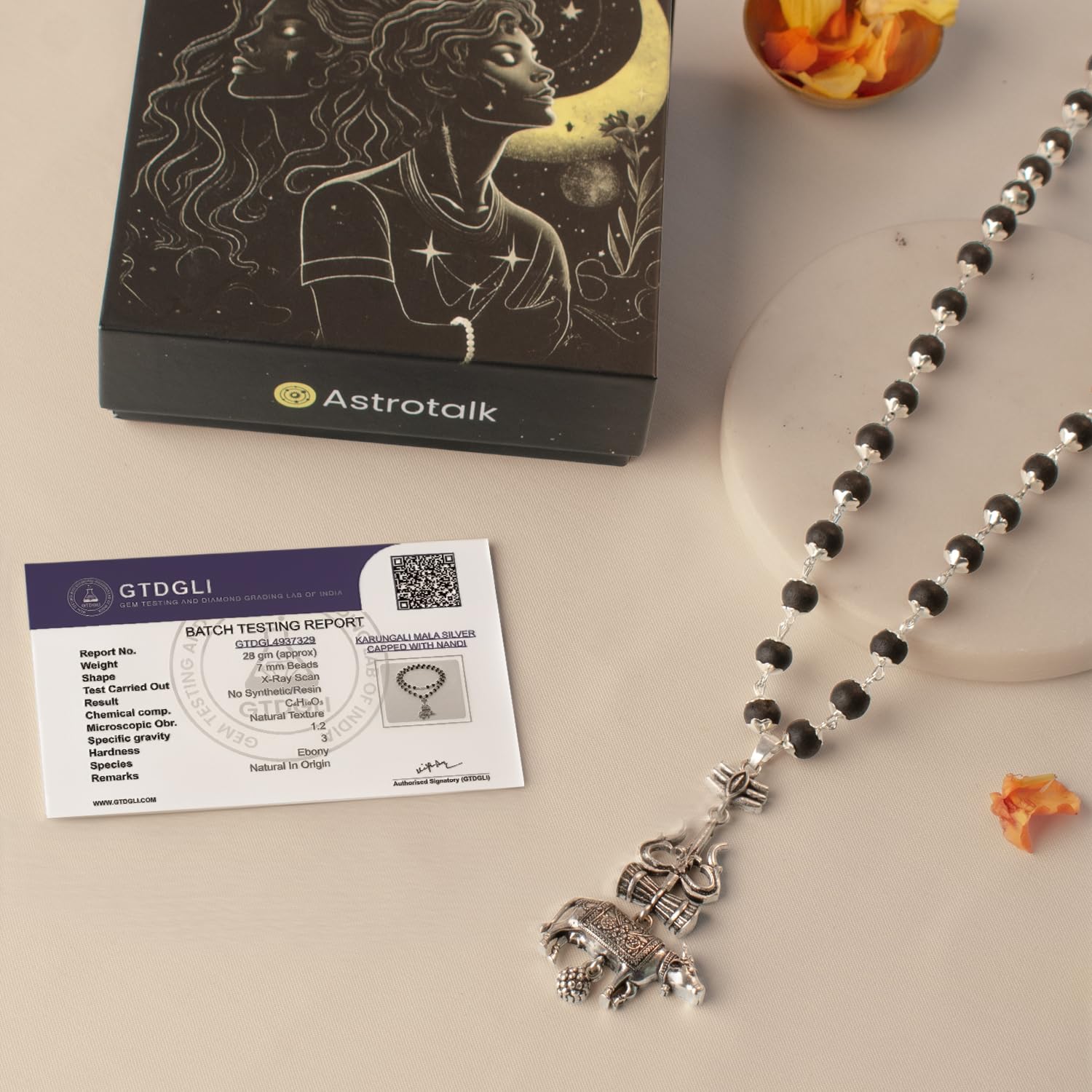7Mm Silver Capped Karungali Mala With Shiv Third Eye Trishul Damru With Nandi Brass Pendant