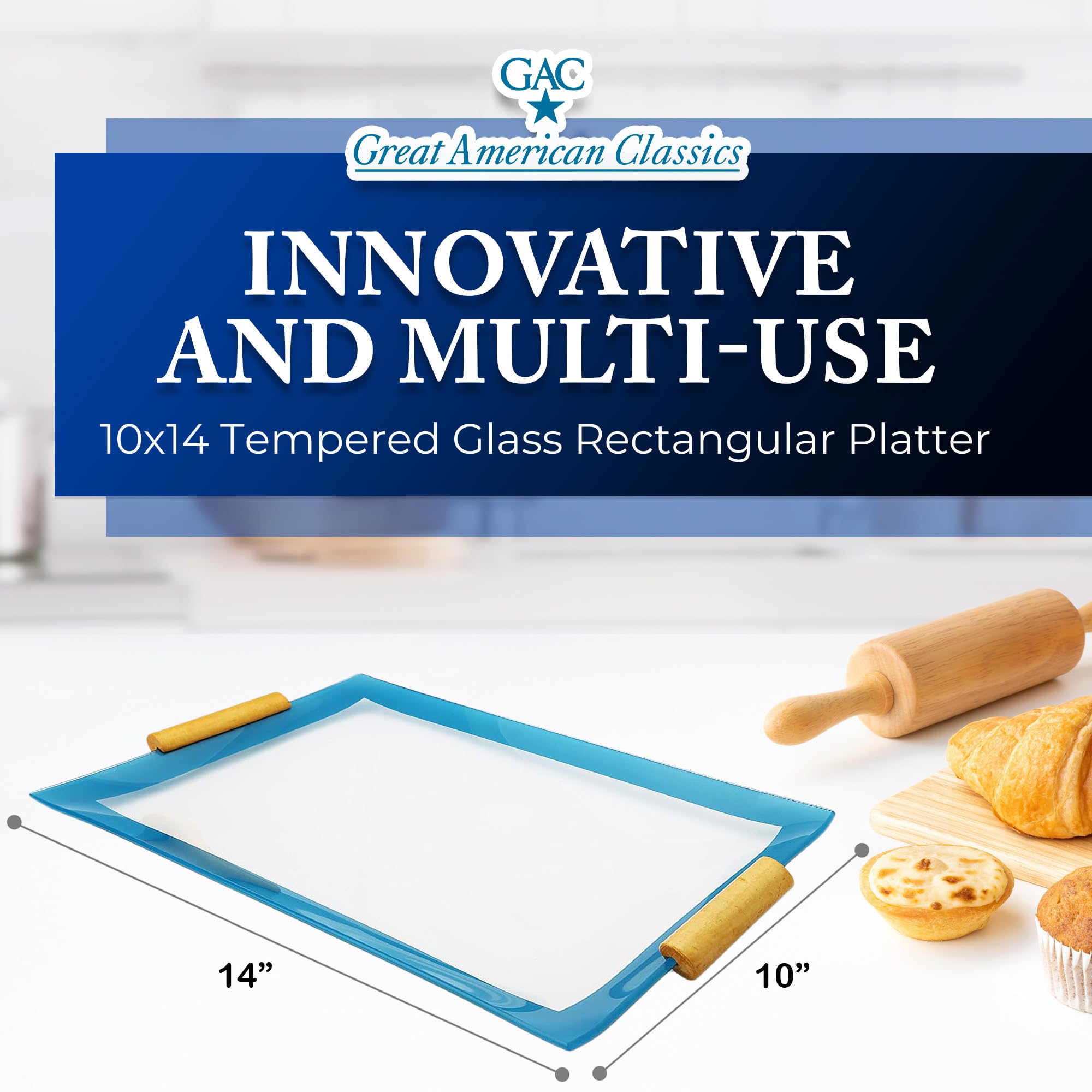 Gac Elegant Rectangular Tempered Glass Serving Platter & Tray With Wooden Handles - Blue Border, Durable, Dishwasher Safe, Desig
