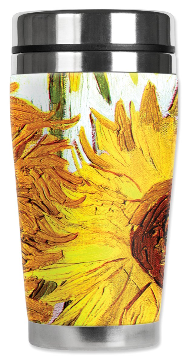 Mugzie Van Gogh Sunflowers Travel Mug With Insulated Wetsuit Cover, 16 Oz, Black