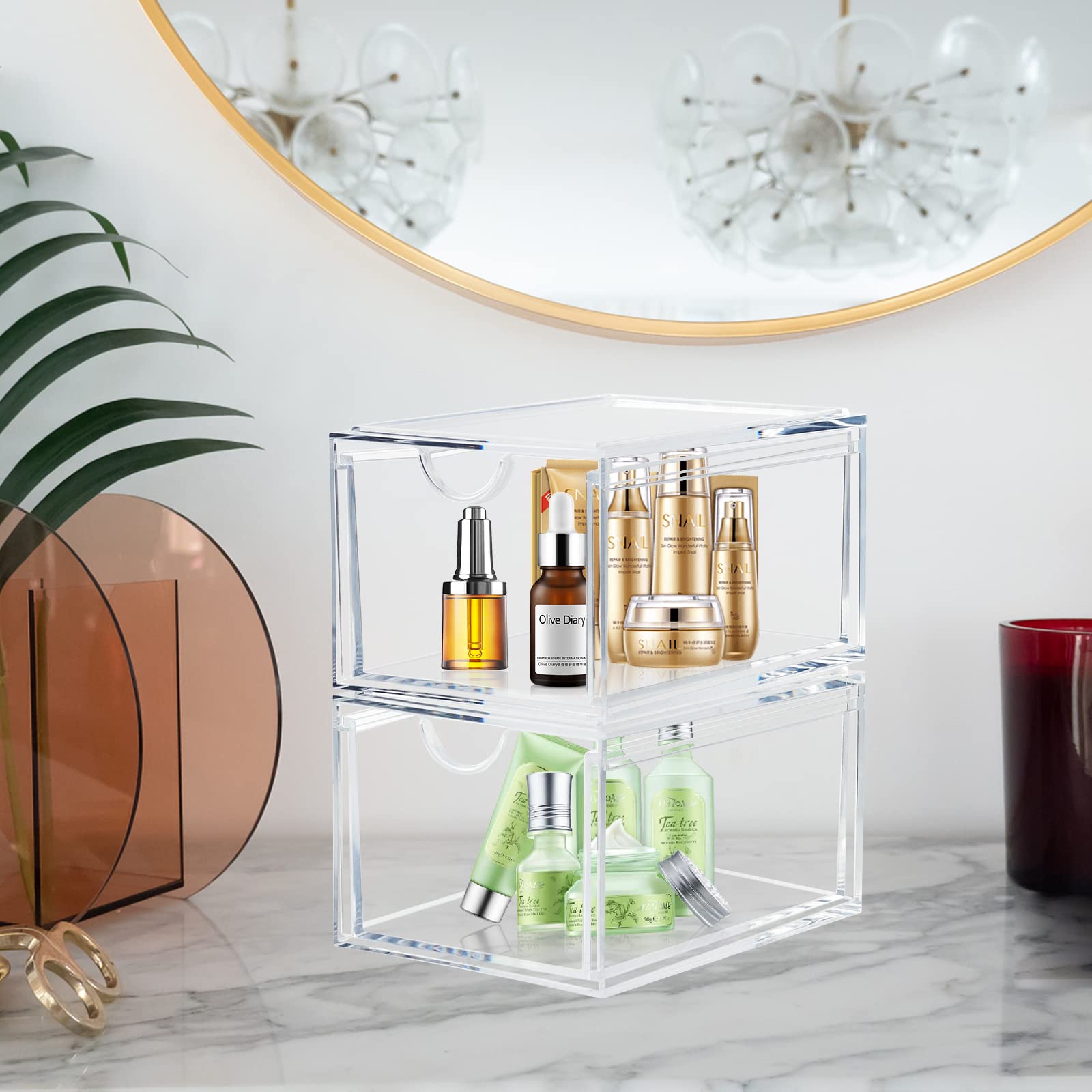Stackable Cosmetic Organizer Storage Drawers, Set Of 2 Acrylic Makeup Storage Organizer, Clear Storage Bins For Bathroom Vanity