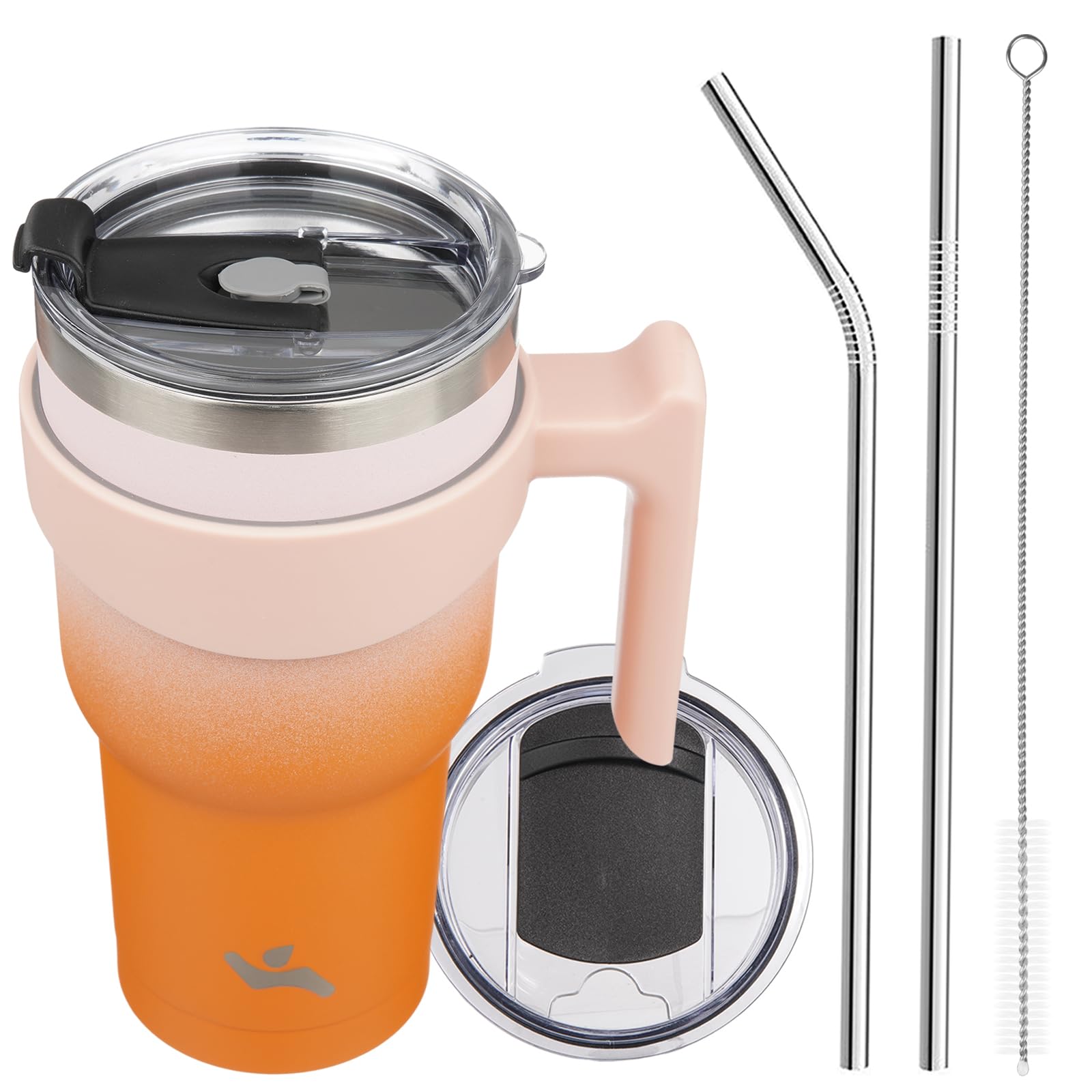 Konokyo 30 oz Tumbler with Handle and 2 Straw 2 Lid, Insulated Water Bottle Stainless Steel Vacuum Cup Reusable Travel Mug,Coral