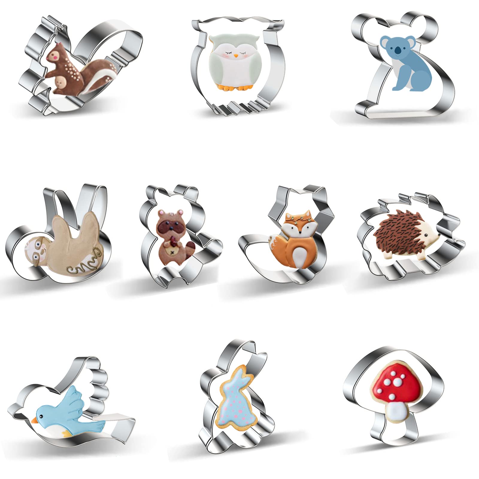 Woodland Animal Cookie Cutter Set - 10 Piece - Squirrel, Owl, Koala, Sloth, Raccoon, Fox, Hedgehog, Bird, Bunny, Mushroom Animal