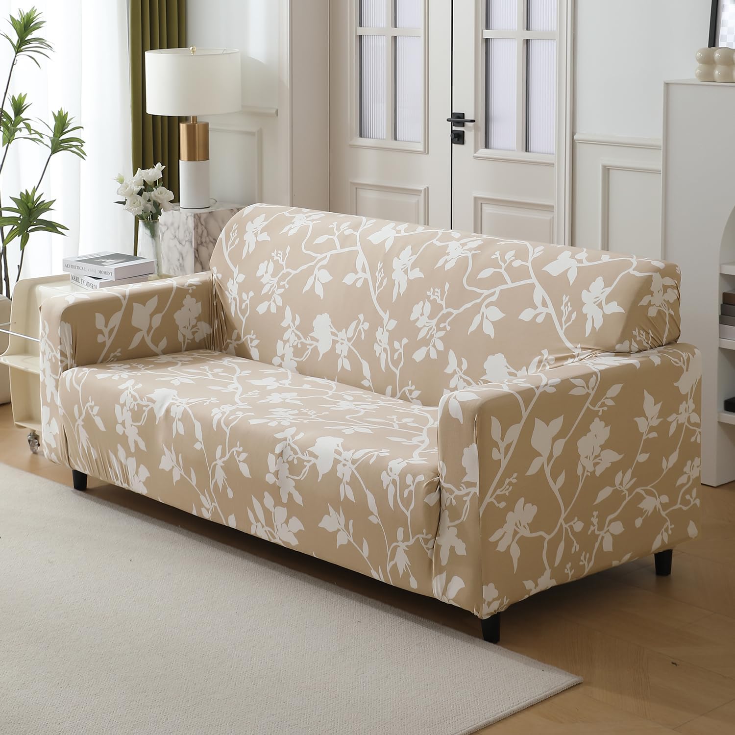 Hokipo 140Gsm Stretchable Sofa Cover For 3 Seater Sofa, Buff Brown Sillehoute Floral (New4947C7),Polyester Blend