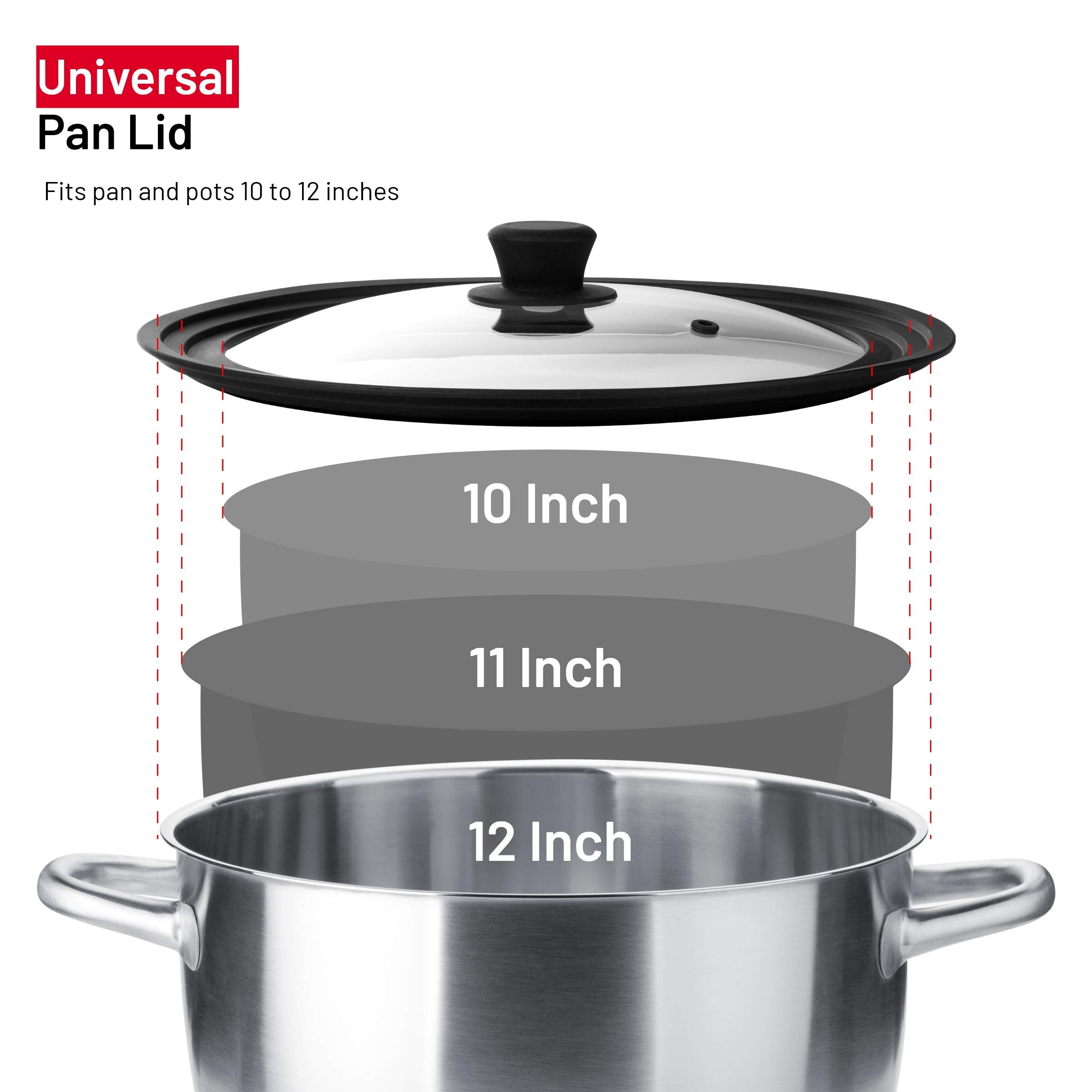 Bezrat Universal Round Lid For Pans, Pots And Skillets Vented Tempered Glass With Graduated Rim Fits 10, 11, 12 Inch Cookware -