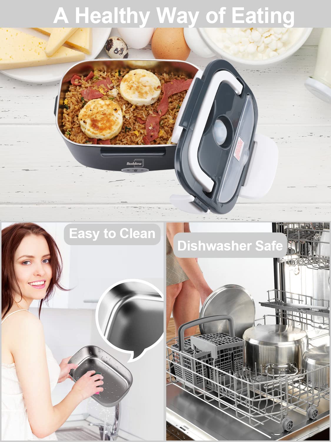 Buddew Electric Lunch Box 80W Food Heater For Adults, 12/24/110V Portable Lunch Warmer Upgraded Heated Lunch Box For Car/Truck/O