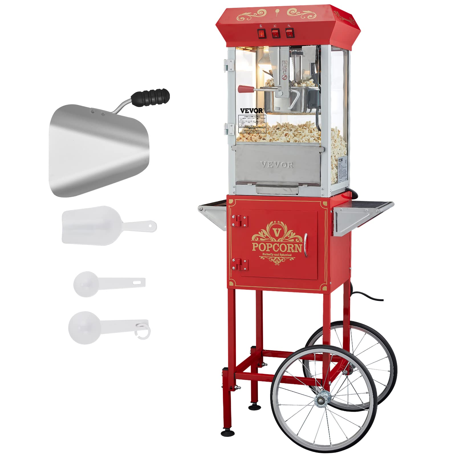 VEVOR Commercial Popcorn Machine, 8 Oz Kettle, 850 W Popcorn Maker on Wheels for 48 Cups per Batch, Theater Style Popper with 3-