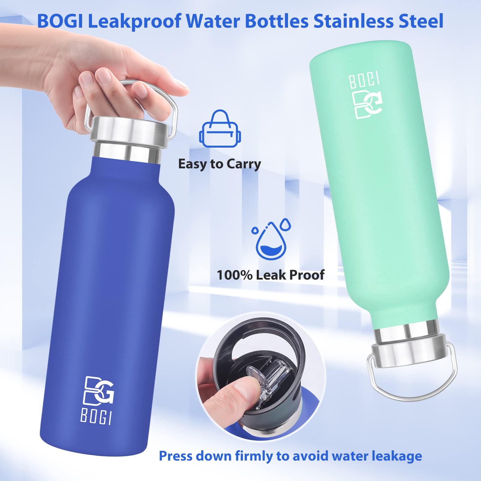 BOGI Stainless Steel Water Bottle  2 Pack 20oz Vacuum Insulated Water Bottle with Straw Lid  BPA Free Leakproof Wide Mouth Water Bottle-Keep Liquids Hot or Cold for Outdoor Sports Camping (Black&Mint)