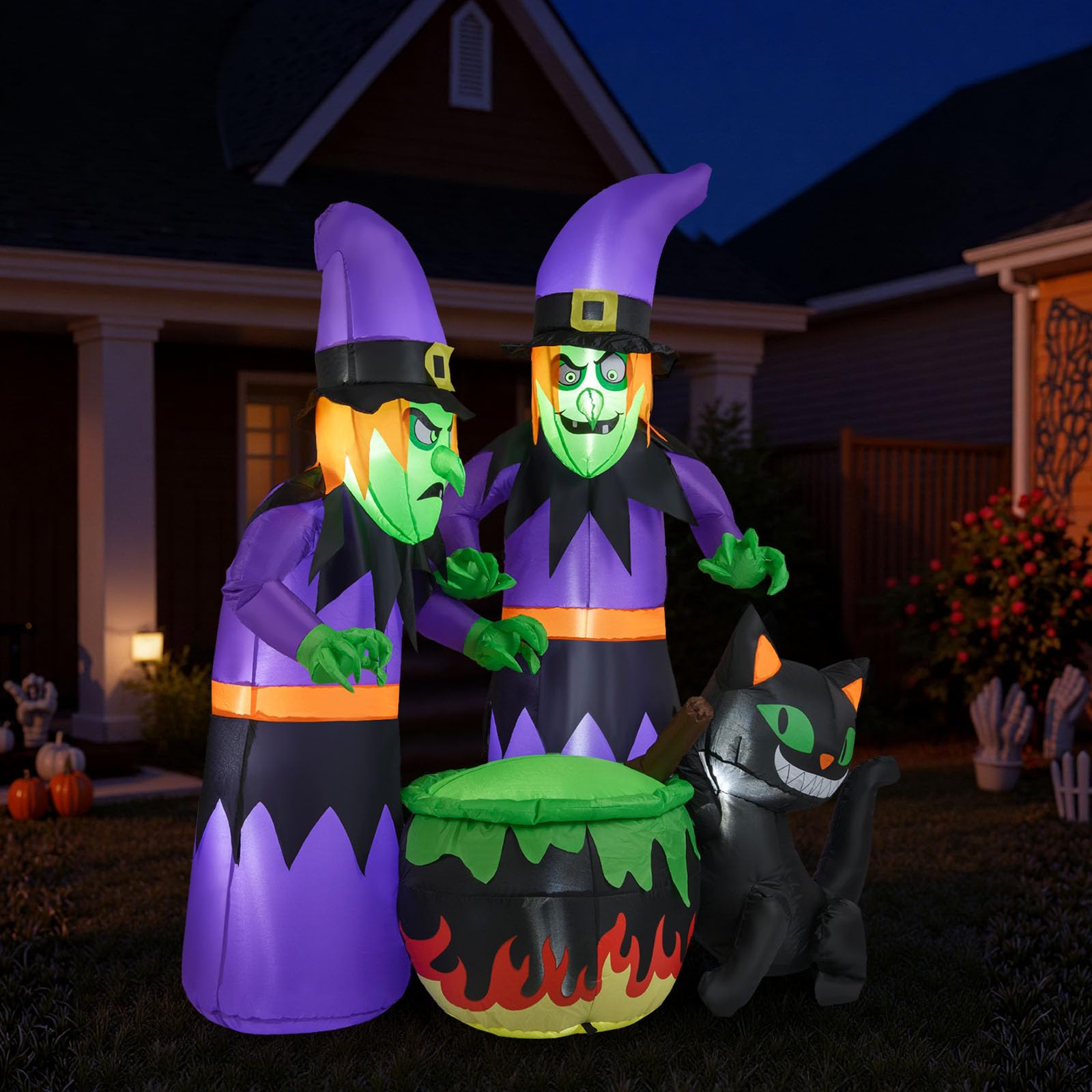 Tangkula 6 Ft Inflatable Halloween Witches, Blow up 2 Scary Witch Decoration with Cauldron & Black Cat, LED Lights, Ground Stake