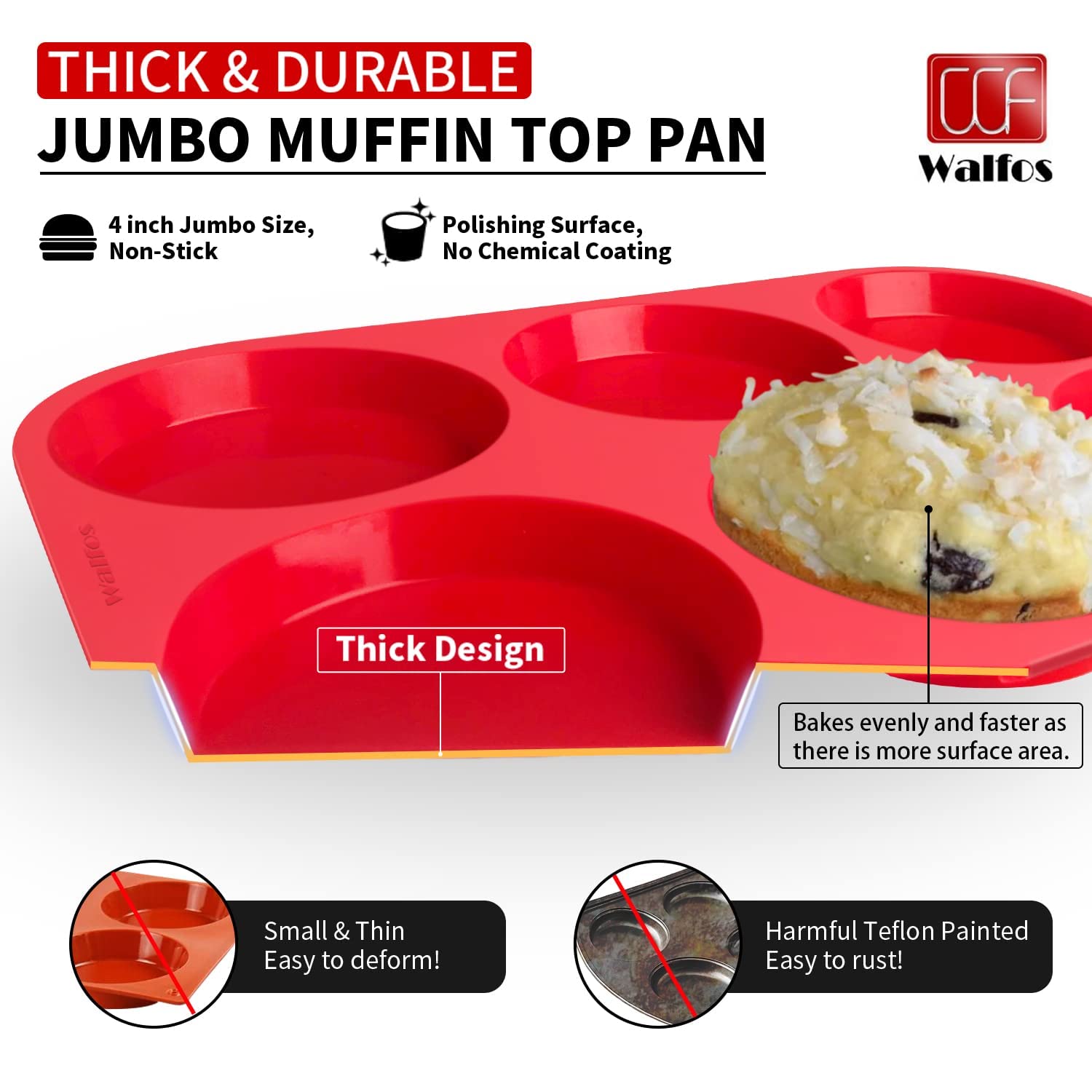 Walfos Silicone Muffin Top Pans For Baking 4Inch Jumbo Size, Perfect Results Premium Non-Stick Bakeware Egg Baking Pan, Great Fo