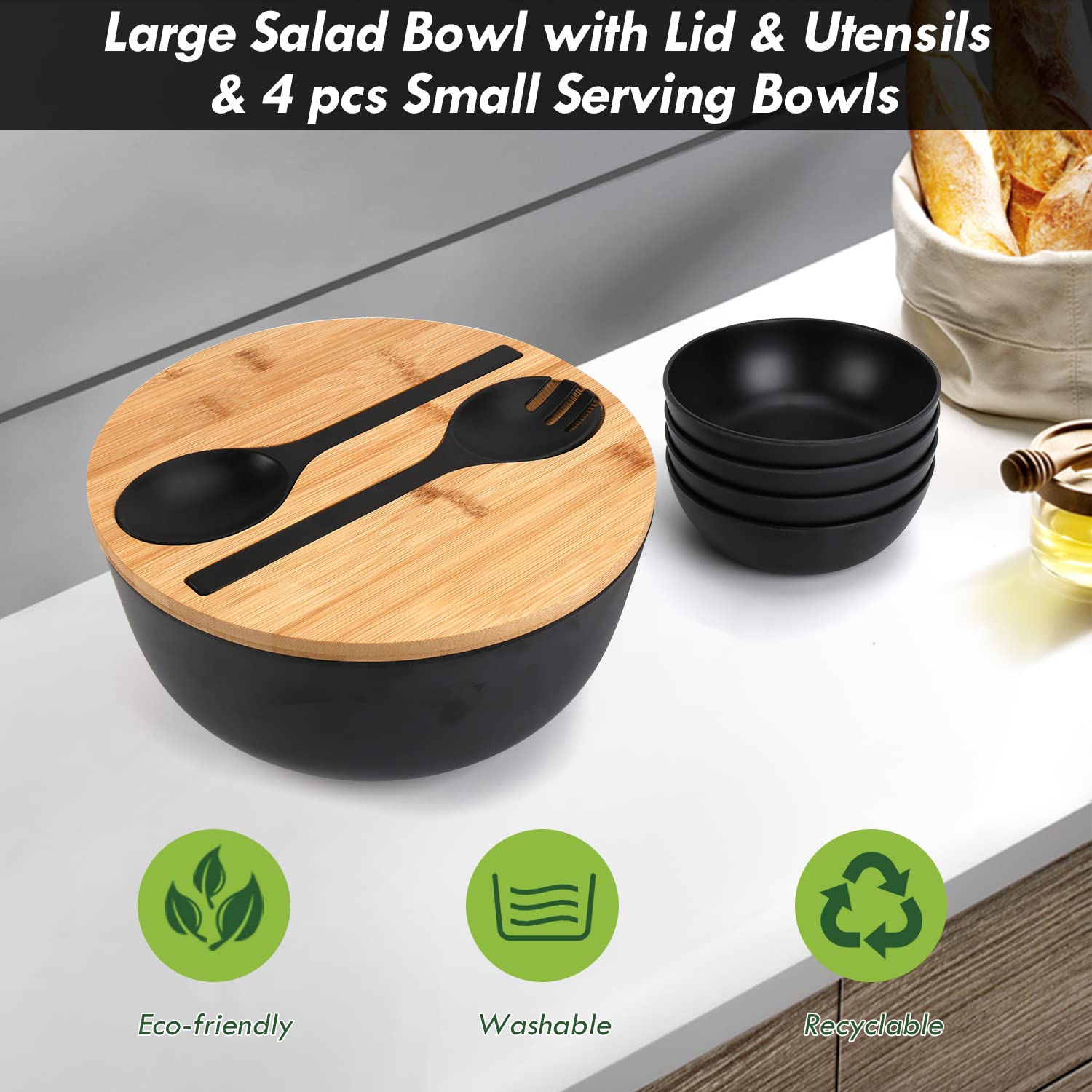 Shineme Salad Bowls, Large Salad Bowl With Lid And Servers, Bamboo Salad Bowl Set With 4Pack Small Serving Bowls, 9.8Inches Soli