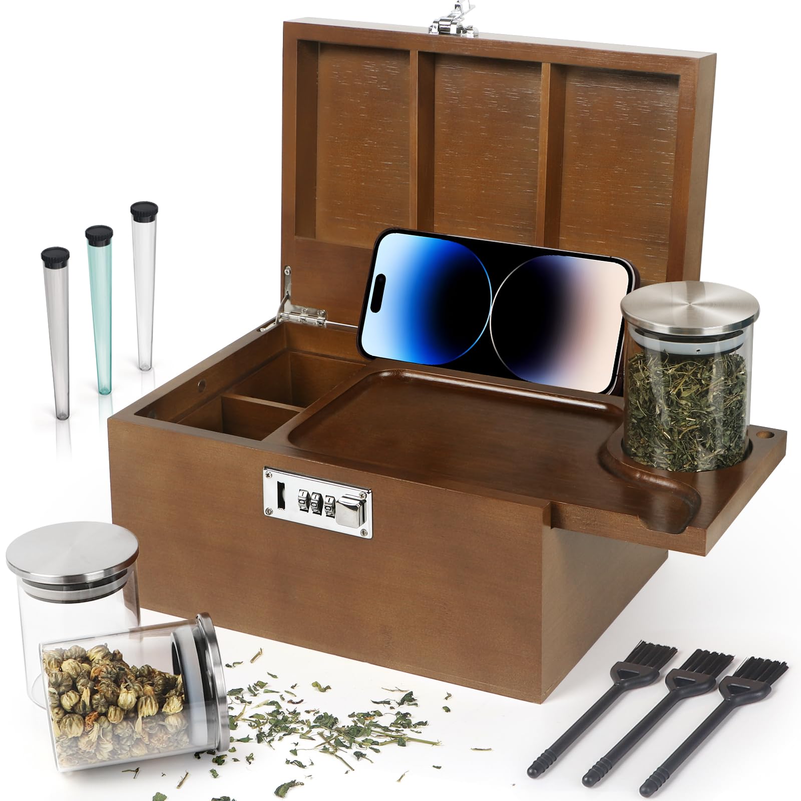 Large Brown Bamboo Box with Combination Lock, Decorative Storage Box with Removable Tray & Detachable Compartment, Wooden Box wi