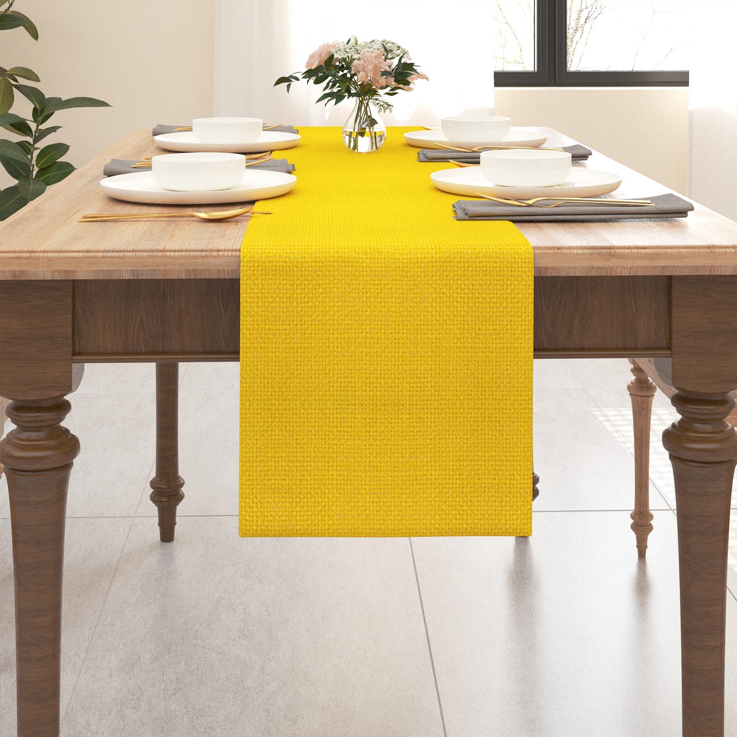 2 Piece Fabric In 1 Dining Table Runner 12 X 60 Inches Living Room Dinner Wedding Birthday Party Burlap Rustic Table Runner, Yel