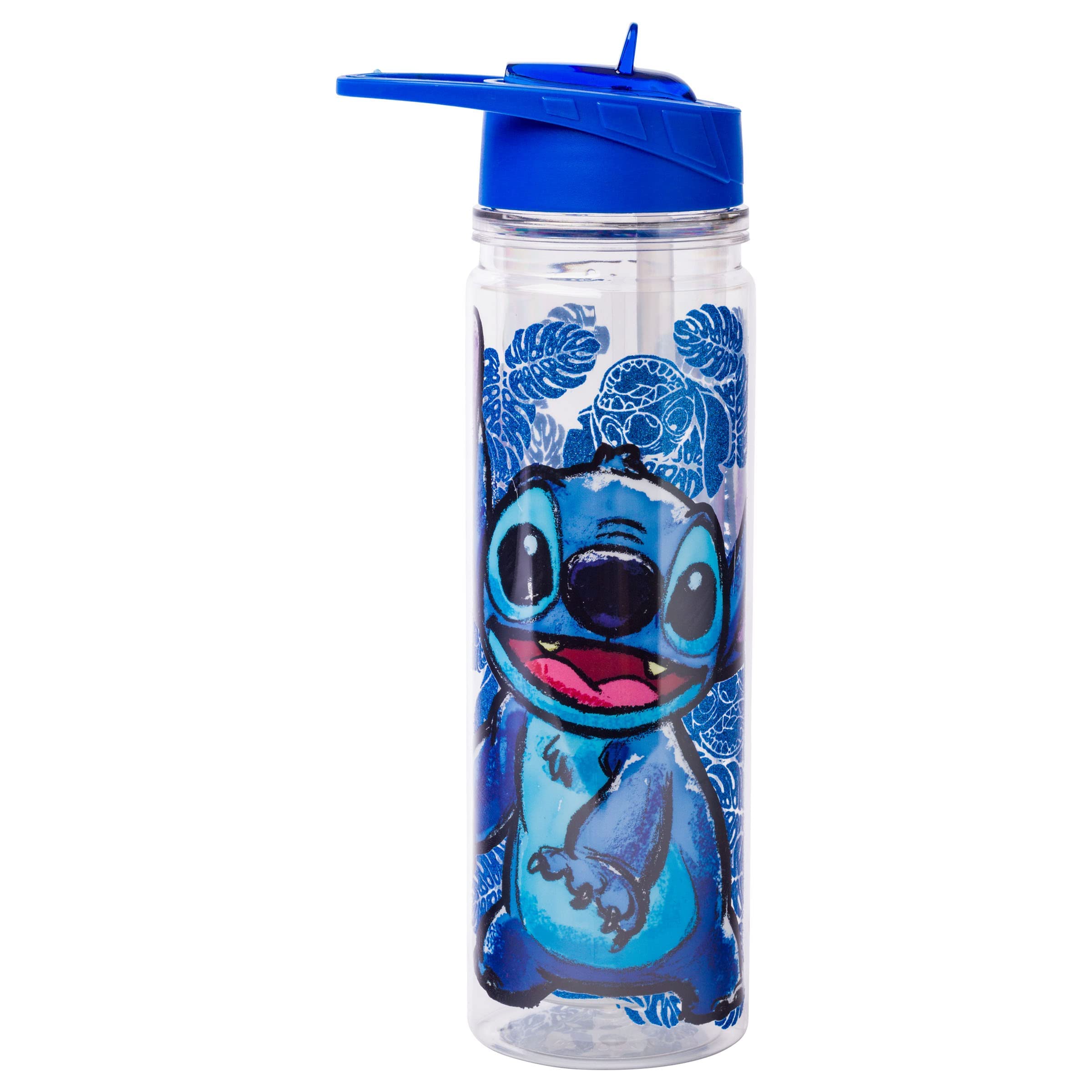 Silver Buffalo Lilo And Stitch Floral Sketch Glitter Double Walled Tritan Water Bottle, 18-Ounce