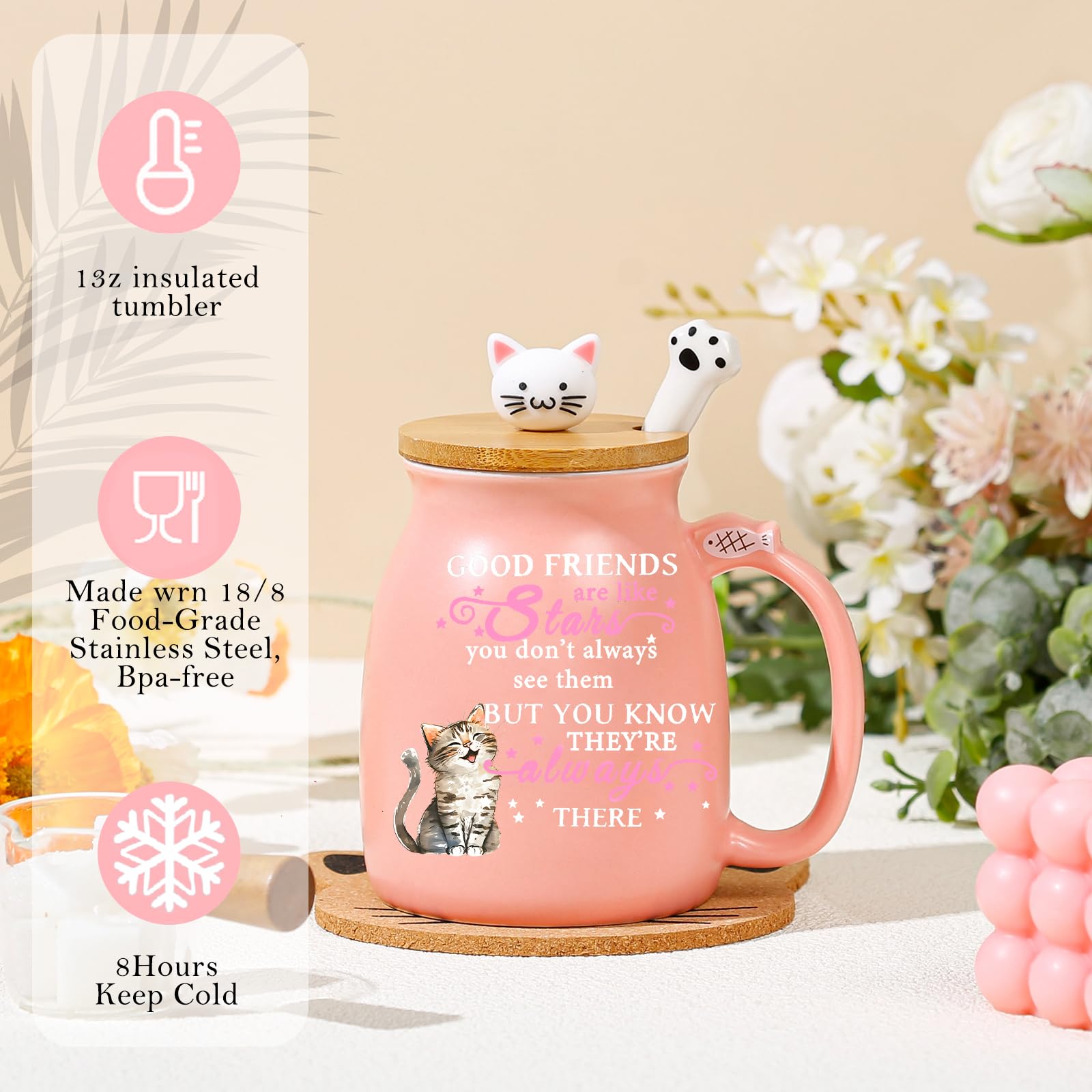 Friendship Gifts for Women Cute Cat Mugs Birthday Bestie Gifts for Women Kawaii Stuff Tea Cup Christmas Gifts Best Friend Bestie
