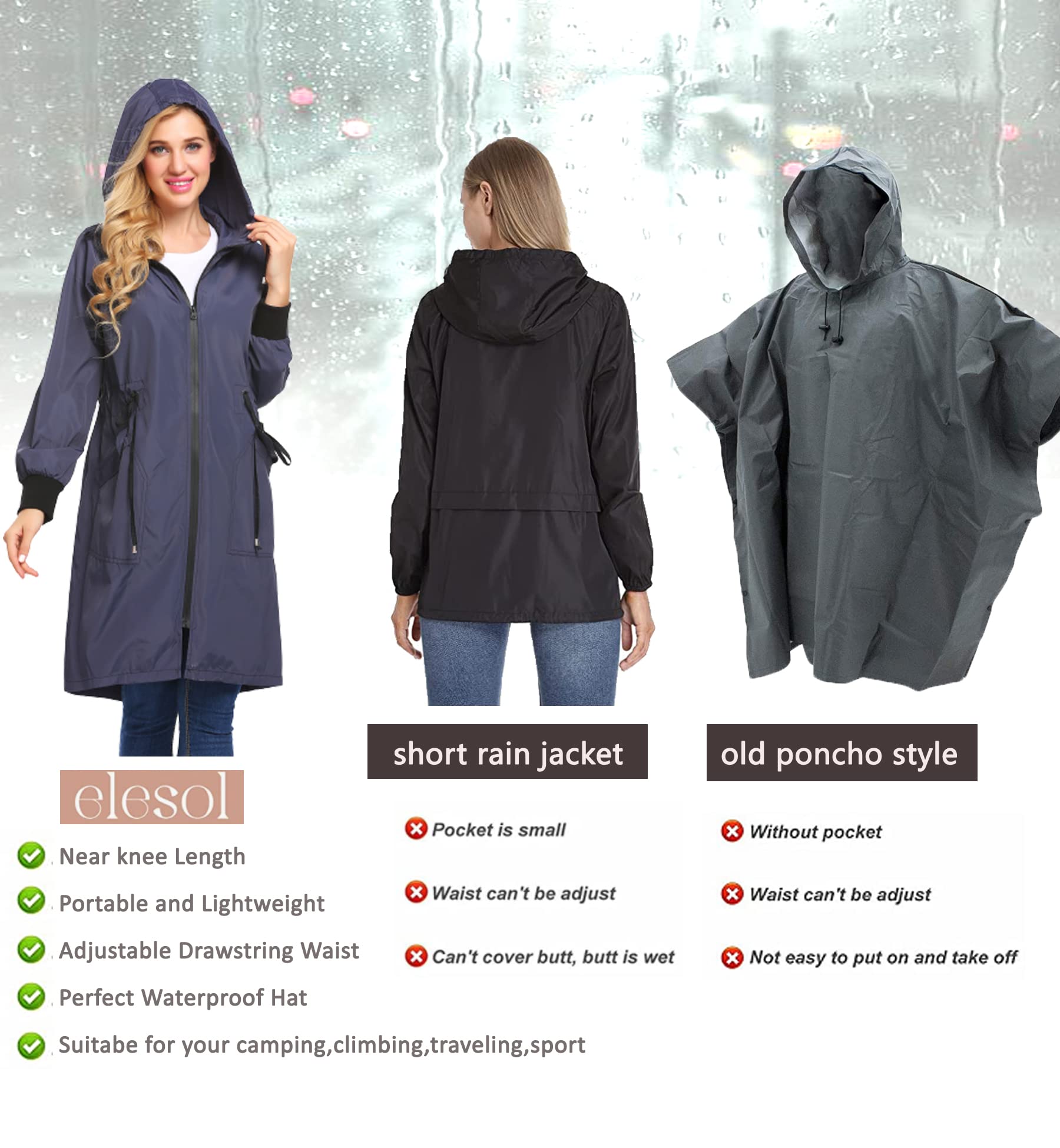 Elesol Women Rain Jacket Waterproof Lightweight Outdoor Hooded Raincoat Womens Running Winebreak Jackets