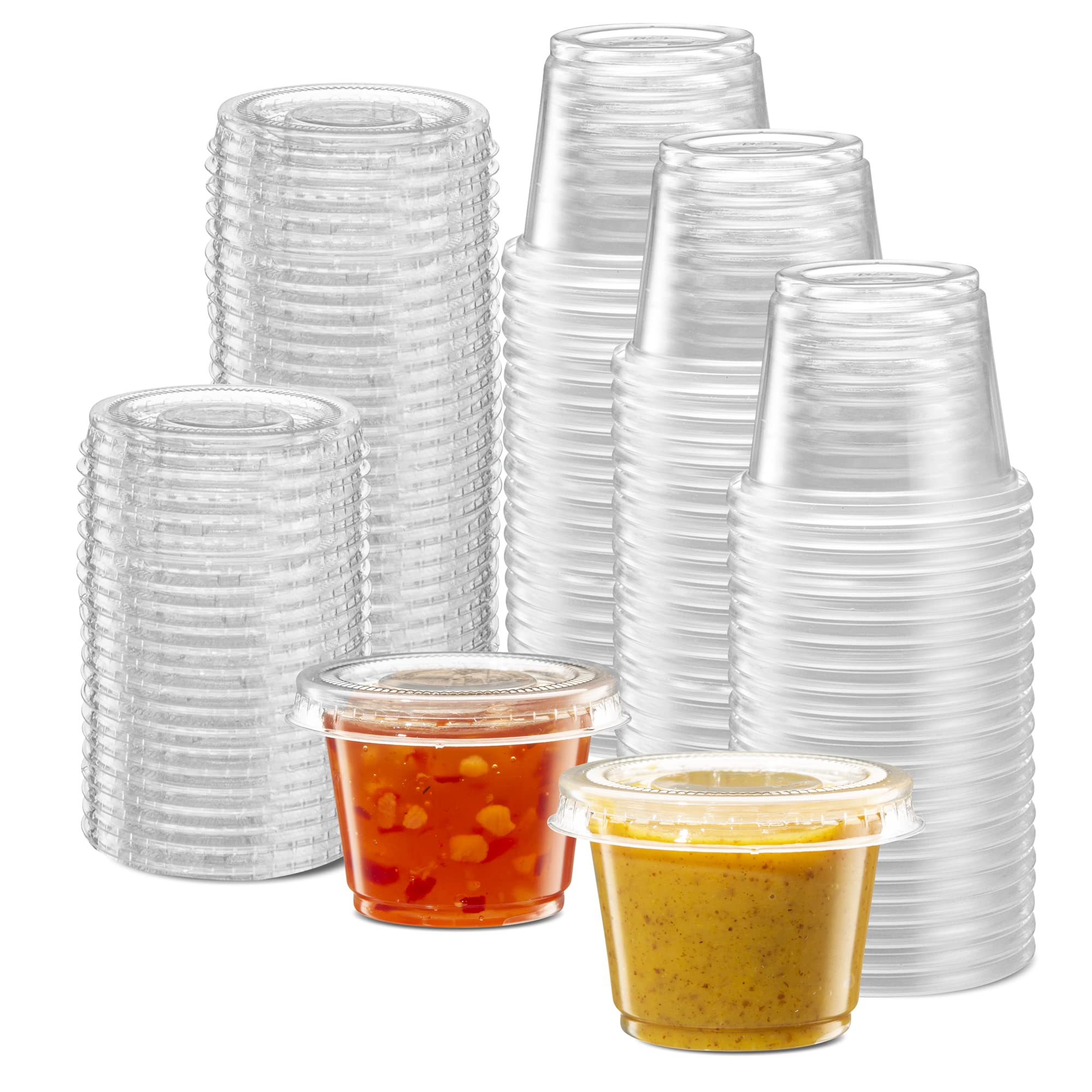 (1 oz - 200 Sets) Clear Diposable Plastic Portion Cups With Lids, Small Mini Containers For Portion Controll, Jello Shots, Meal 