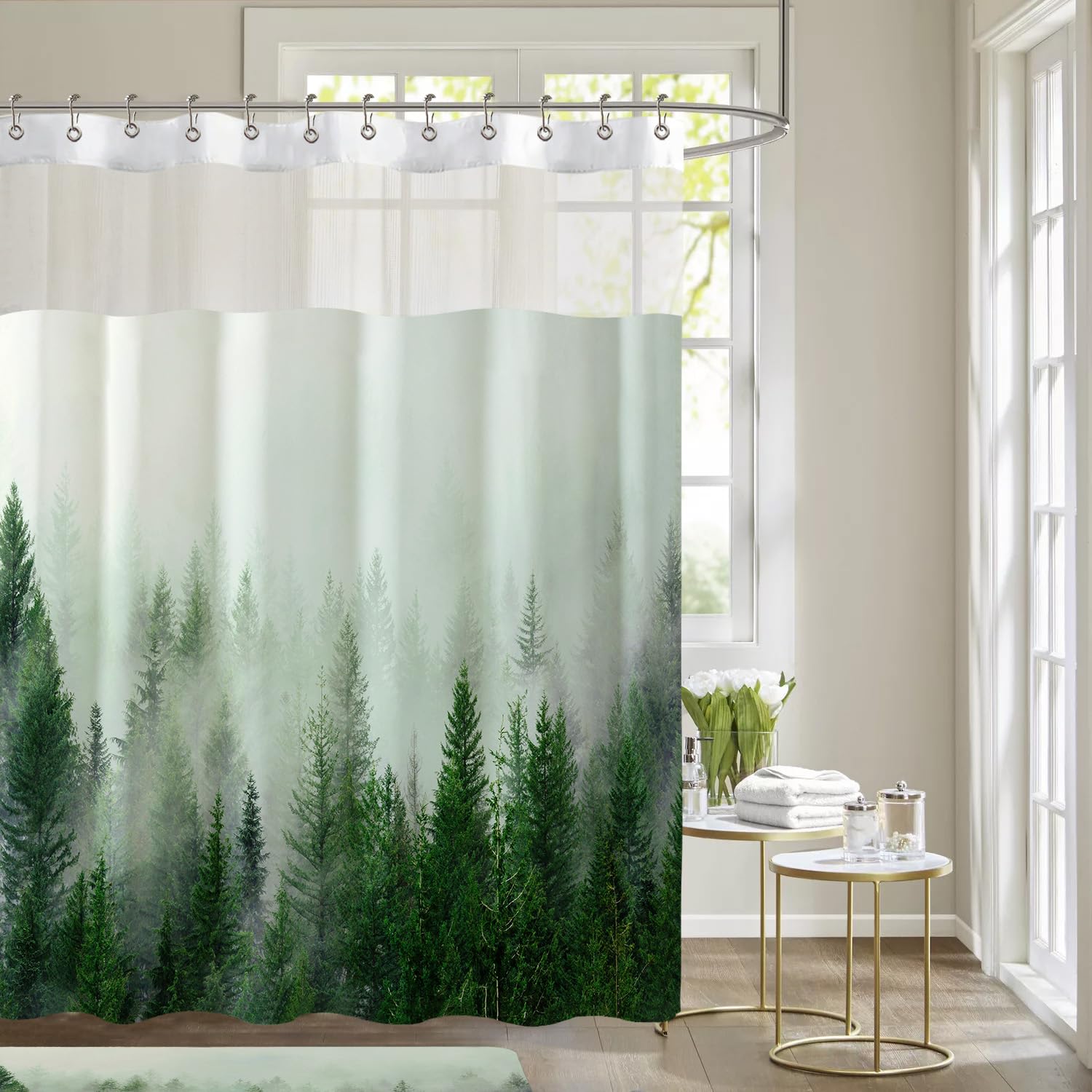 Ortigia Double Misty Forest Shower Curtain Set With Snap In Liner For Bathroom, Green Nature Shower Curtains With See Through To