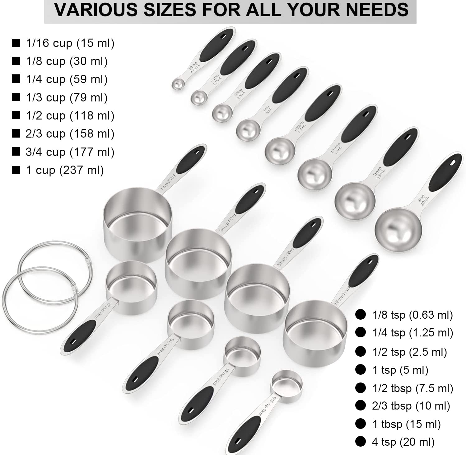 Measuring Cups & Spoons Set Of 16, Wildone Stainless Steel Measuring Cups And Measuring Spoons With Black Silicone Handle, Inclu