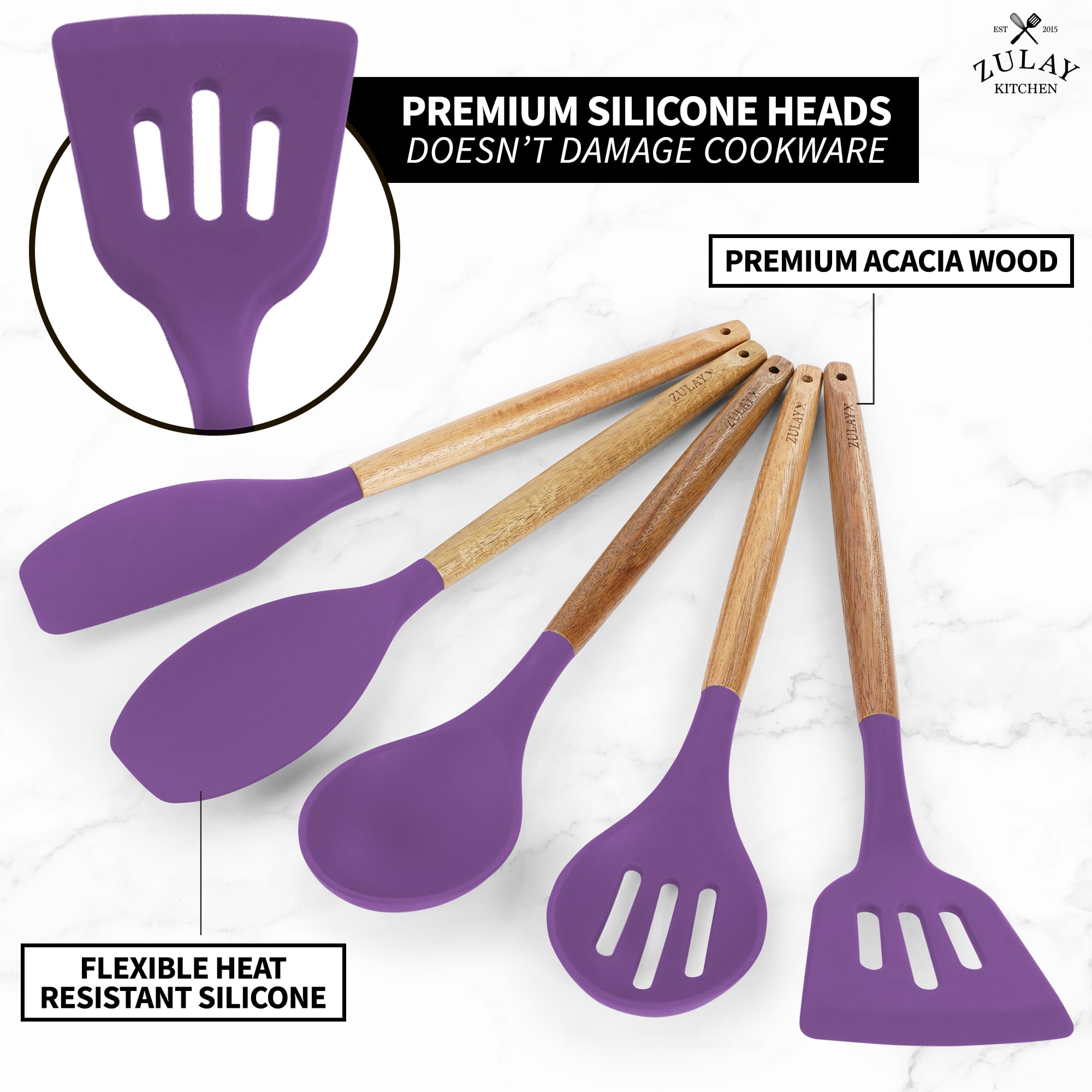 Zulay Kitchen Utensils Set Non-Stick Silicone Cooking Utensils Set With Authentic Acacia Wood Handles - 5 Piece Silicone Utensil