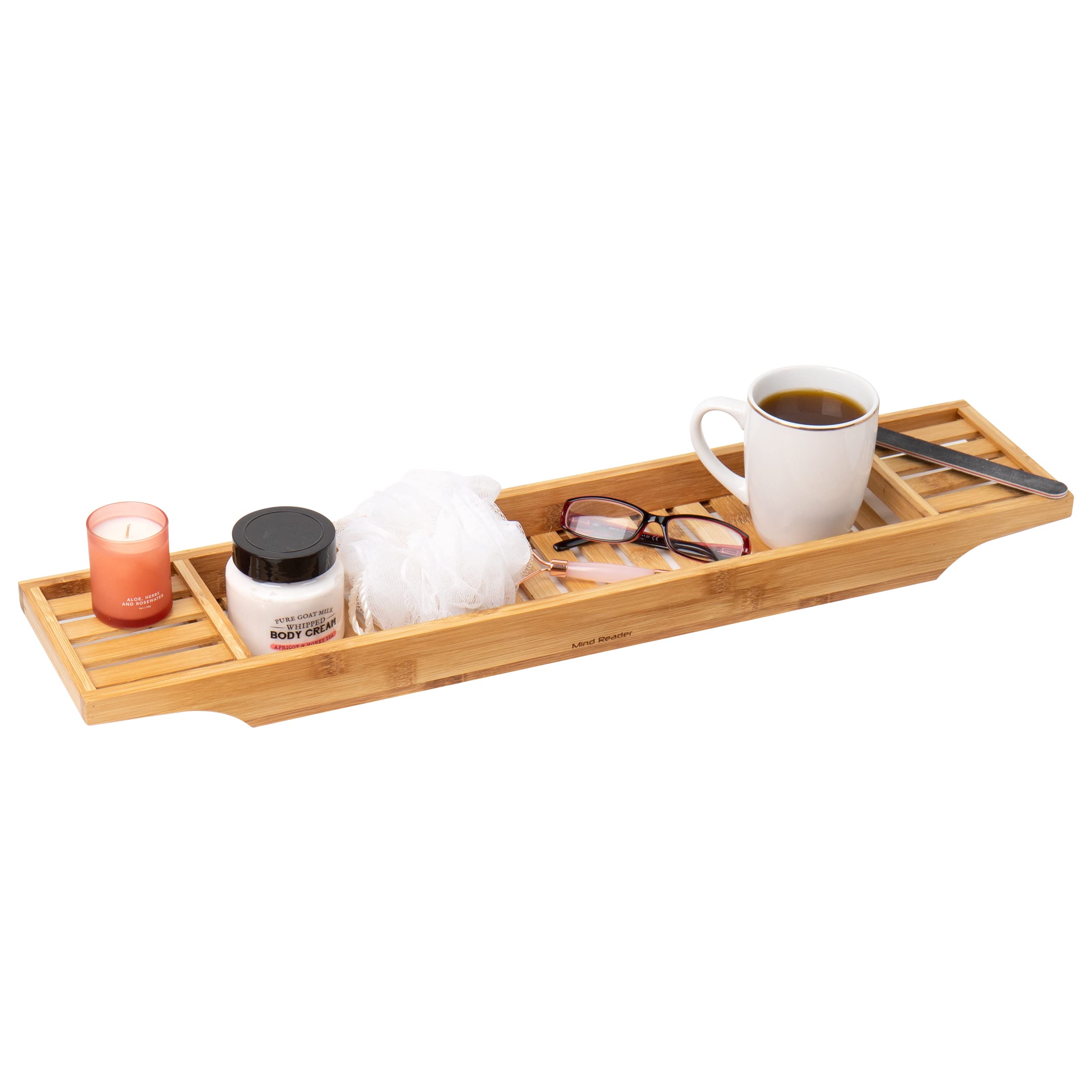 Mind Reader Bathtub Tray, Shower Organizer, Bathroom Accessory, Wood Tray, Rayon From Bamboo, 27.5'' L X 5.75'' Wx 1.75'' H, Bro