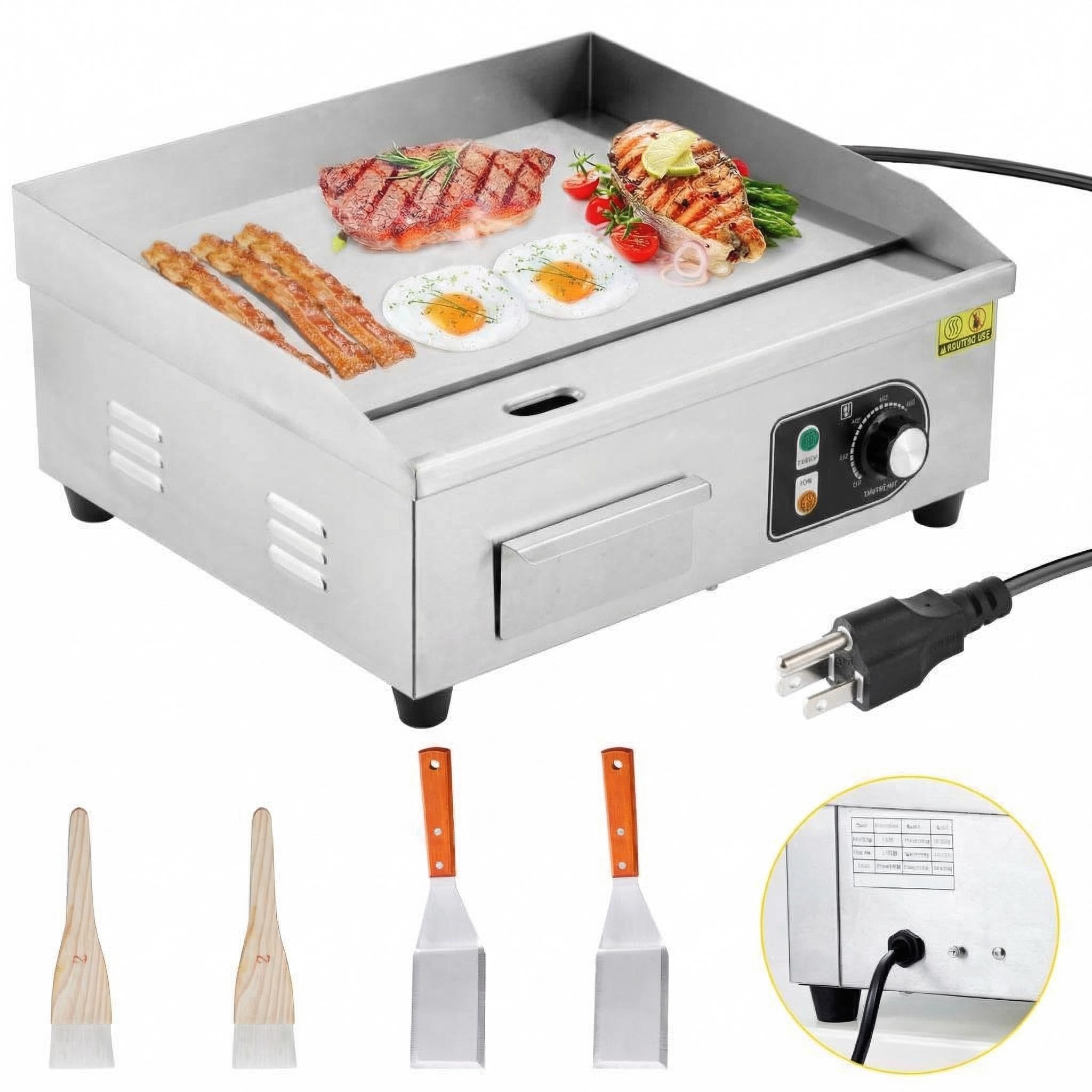 18 1500W Stainless Steel Electric Griddle, Commercial Countertop Flat Top Grill with Adjustable 122-572f Thermostat, Includes 2 