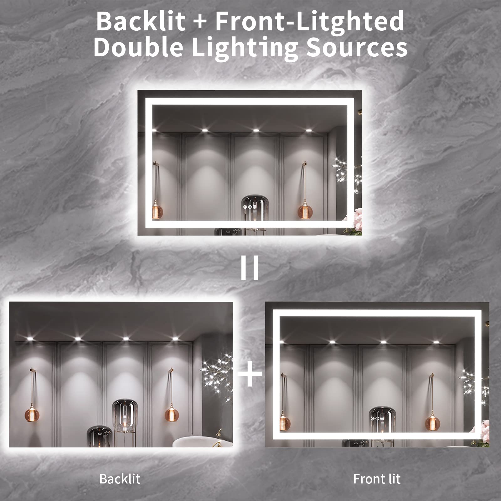 Loaao 55X36 Led Bathroom Mirror With Lights, Anti-Fog, Dimmable, Backlit + Front Lit, Lighted Bathroom Vanity Mirror For Wall, M