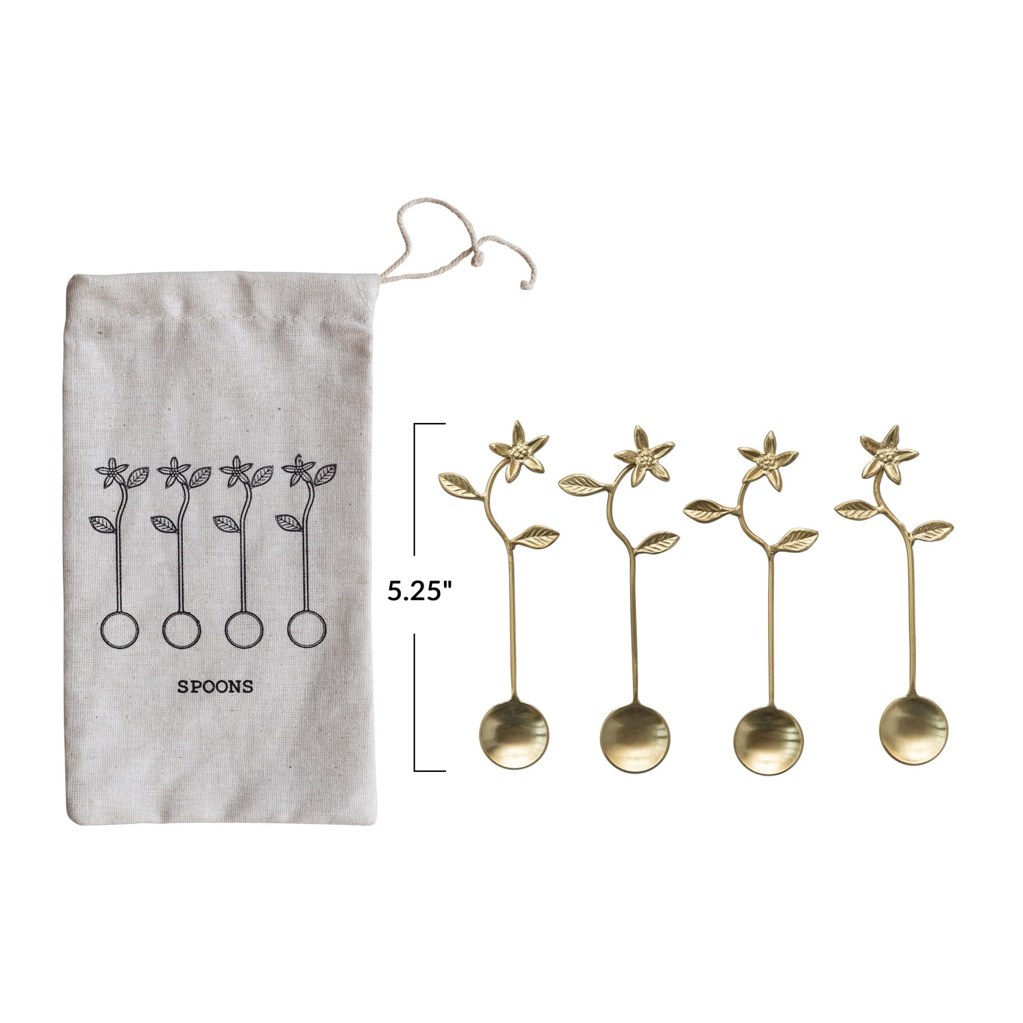 Creative Co-Op 5.35 Stainless Steel And Brass Kitchen With Flower Handles And Drawstring Bag, Gold Finish, Set Of 4 Spoon