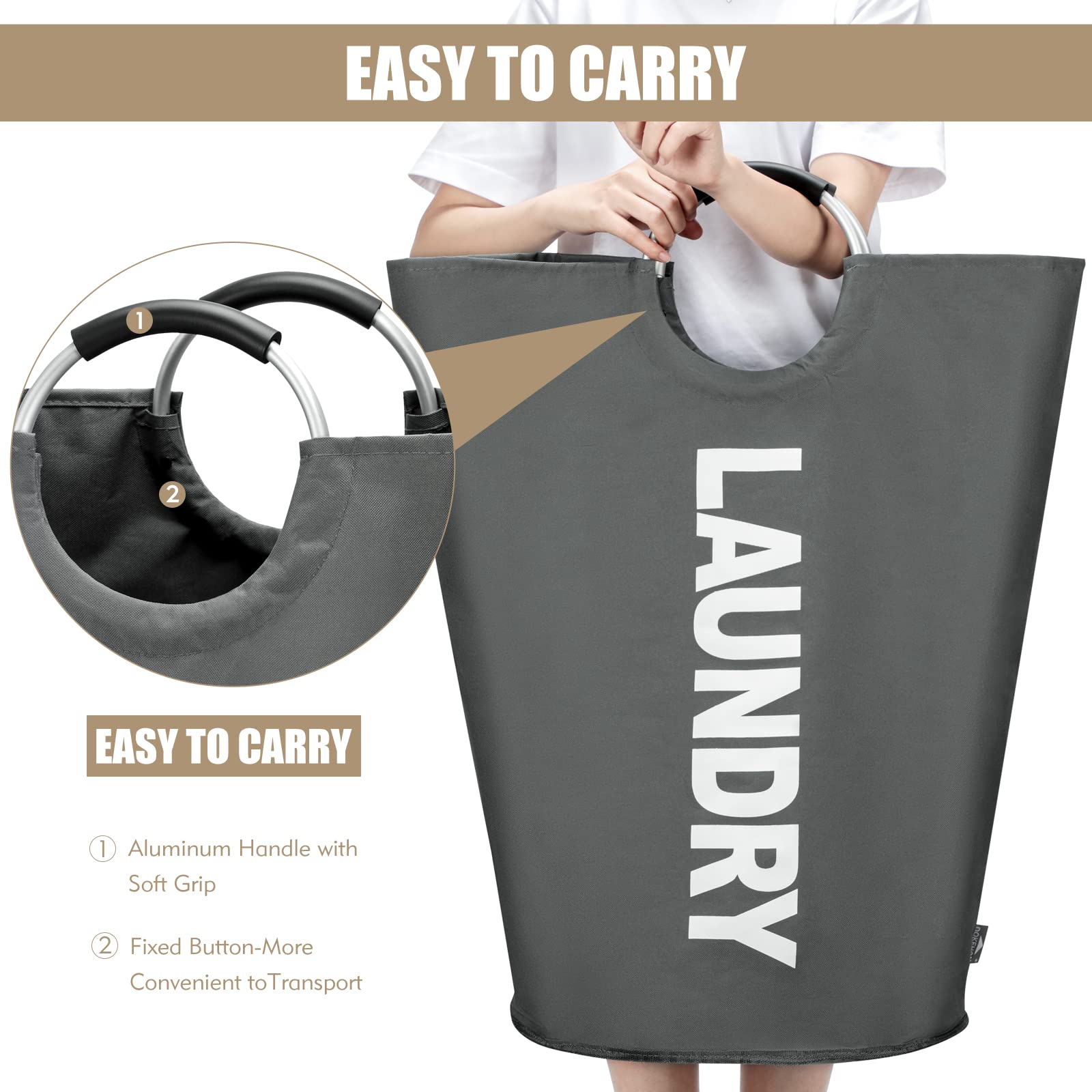 DOKEHOM 90L Large Laundry Basket  Collapsible Laundry Bag  Freestanding Tall Clothes Hamper  Foldable Washing Bin (Dark Grey)