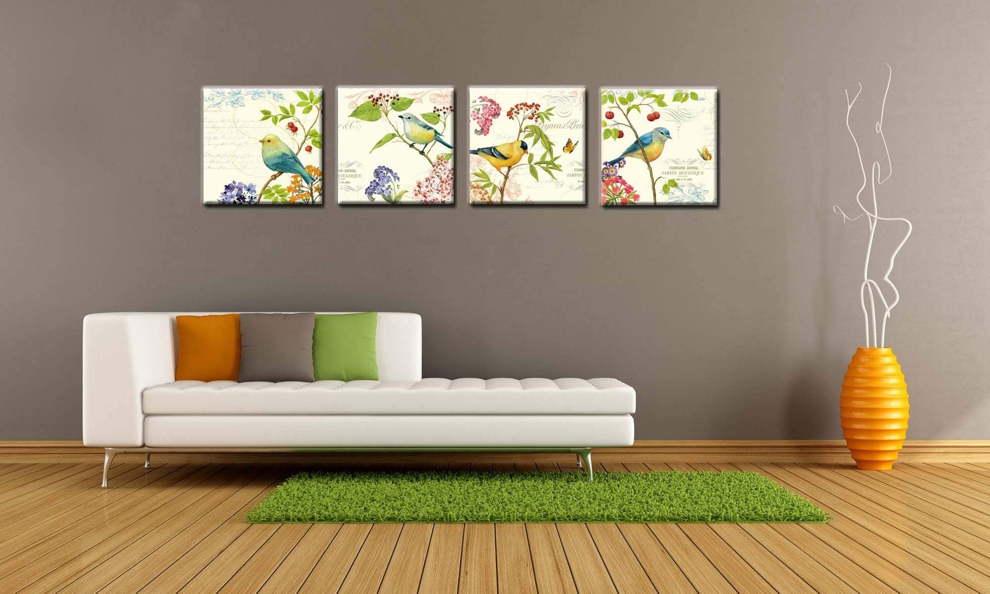 Specialart High-End Frame Wall Art - 4Pcs Birds On The Trees Of Bloom And Butterfly Pictures Print On Canvas Painting Stretched