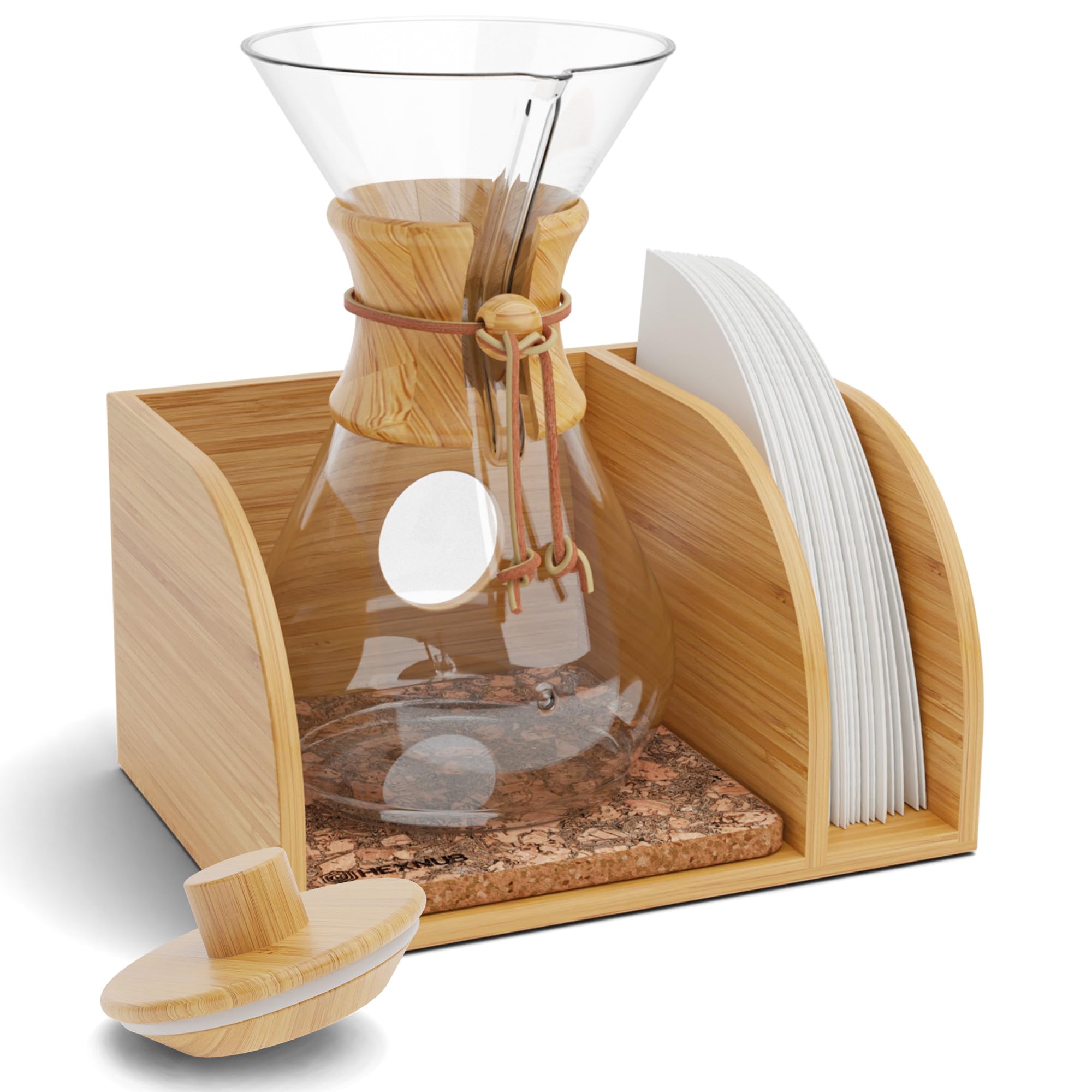 Hexnub - Caddy And Lid For Pour Over Coffee Maker, Bamboo Stand Fits Chemex, Bodum, Cosori Coffee Carafes, Heatproof Mat, Filter