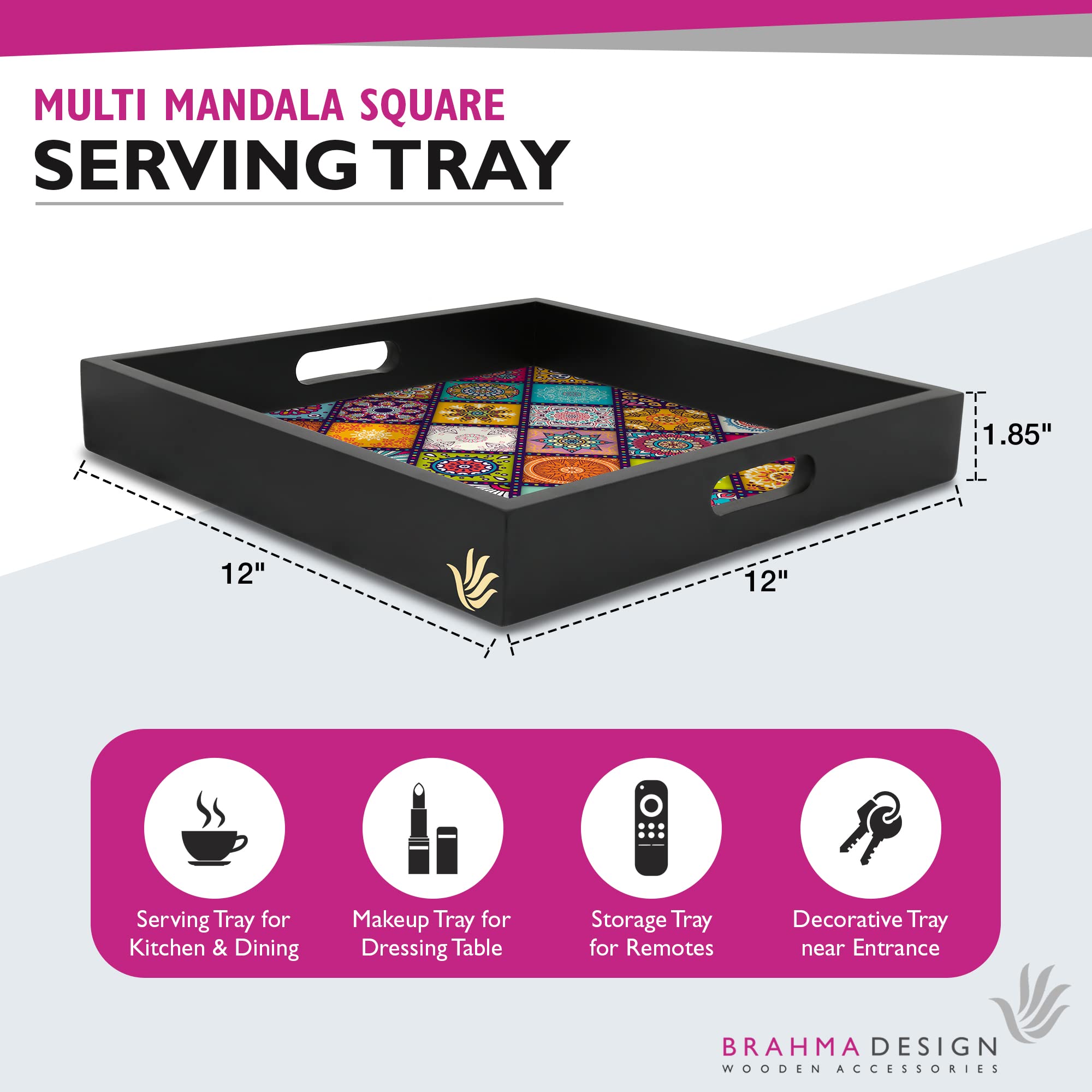 Brahma Design Serving Tray | Multi Mandala Design With Black Border | Square 12'' X 12'' Wooden Tray For Serving | Tray For Deco
