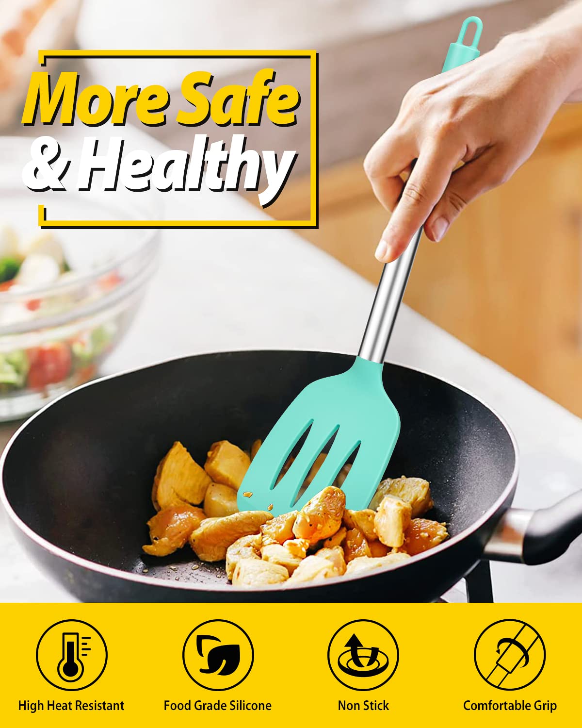 Pack Of 2 Silicone Solid Turner,Non Stick Slotted Kitchen Spatulas,High Heat Resistant Bpa Free Cooking Utensils,Ideal Cookware