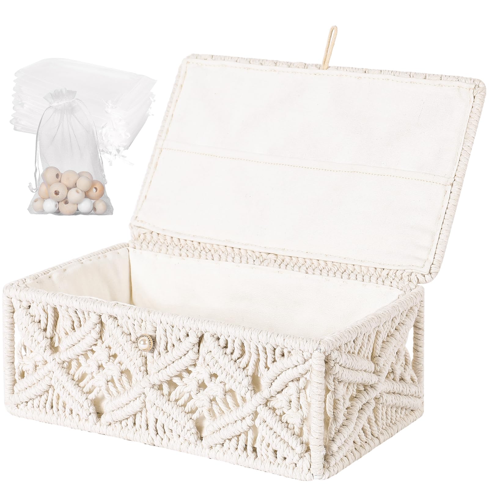 Anminy Macrame Storage Basket With Lid & 25Pcs Organza Gift Bags Bohemian Jewelry Box Handmade Woven Natural Cotton Rope Lidded