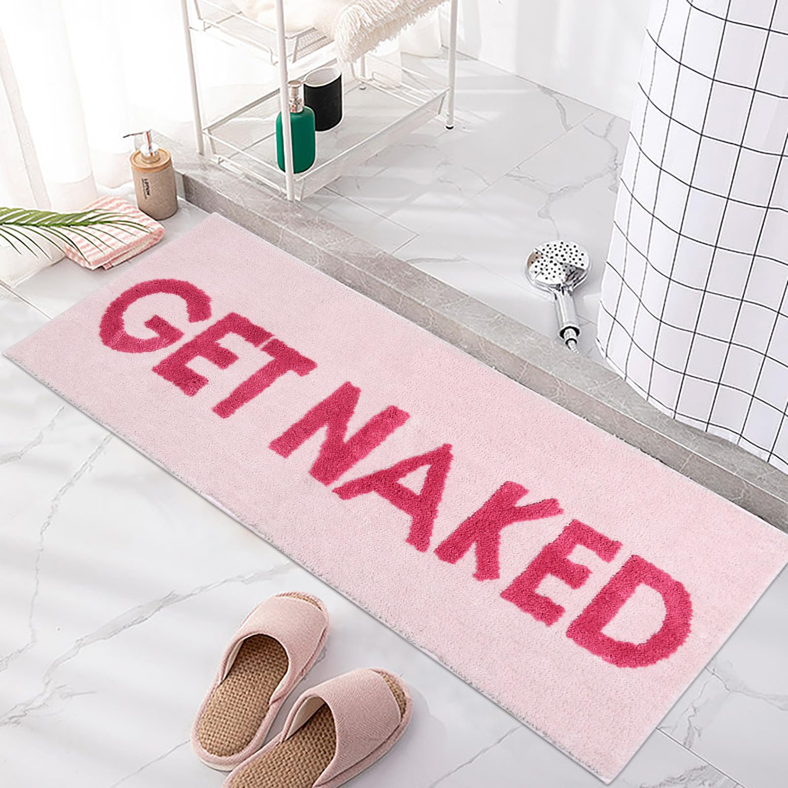 Zeeinx Get Naked Runner Cute Bathroom Rugs Long Get Naked Rug Funny Bathroom Decor For Apartment Pink Bath Mat For Tub And Showe