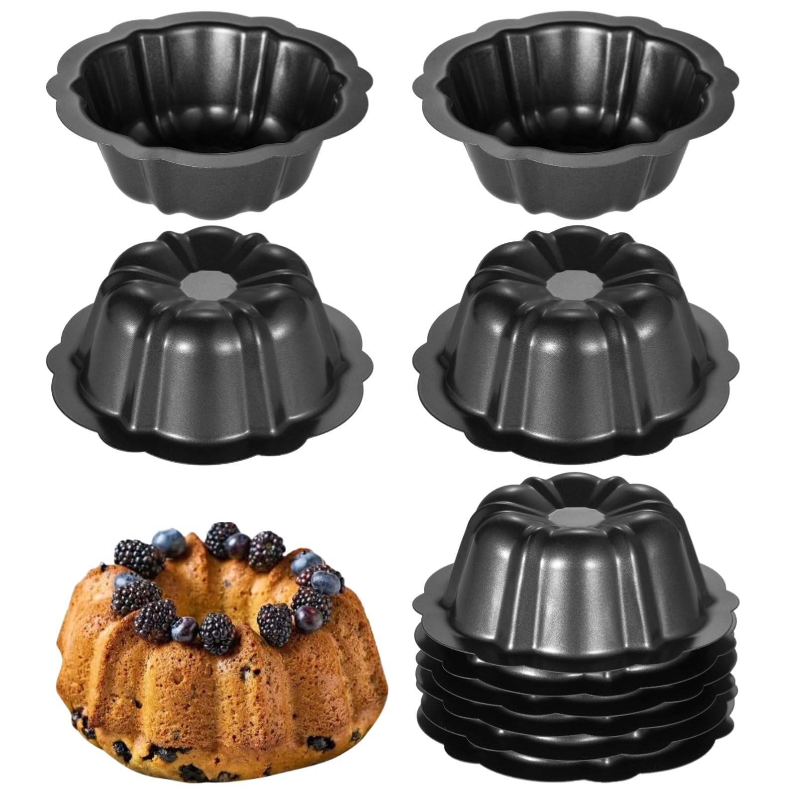 Homaisson Mini Fluted Tube Pan - 10 Pcs, 4.5Inch Carbon Steel Mini Cake Molds, Nonstick Reusable Oven Baking Mold for Cupcake, B