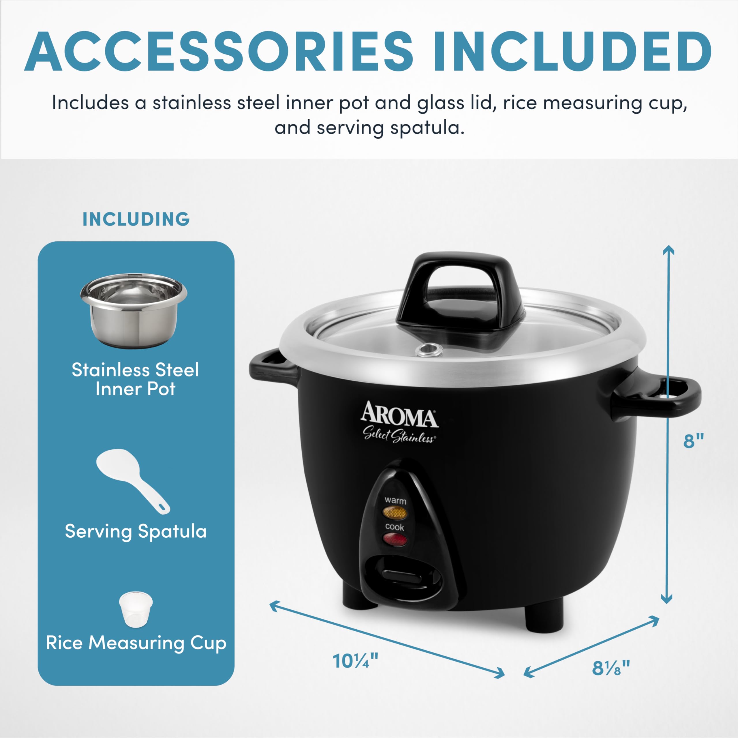 AROMA Stainless Steel Rice Cooker & Warmer, 3-Cup Uncooked/6-Cup Cooked, Model ARC-753SGB, Black