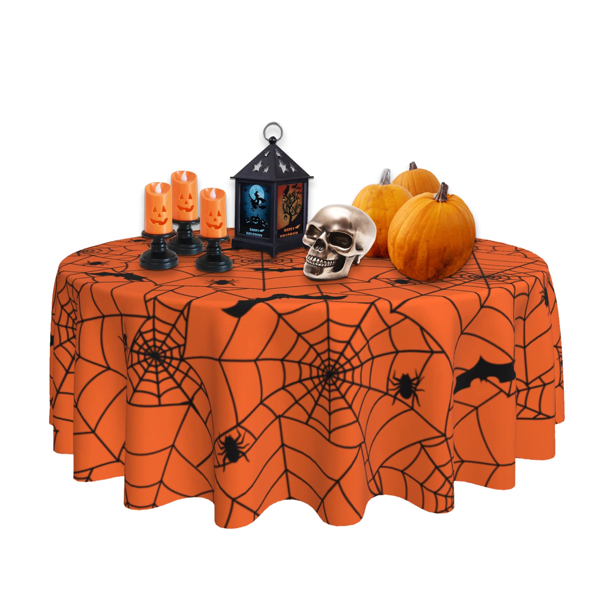 Suqkxco Halloween Tablecloth Spider Web Orange Round Tablecloth 60 Inch Table Cloths Cover Mat Spill Proof Table Covers For Kitc