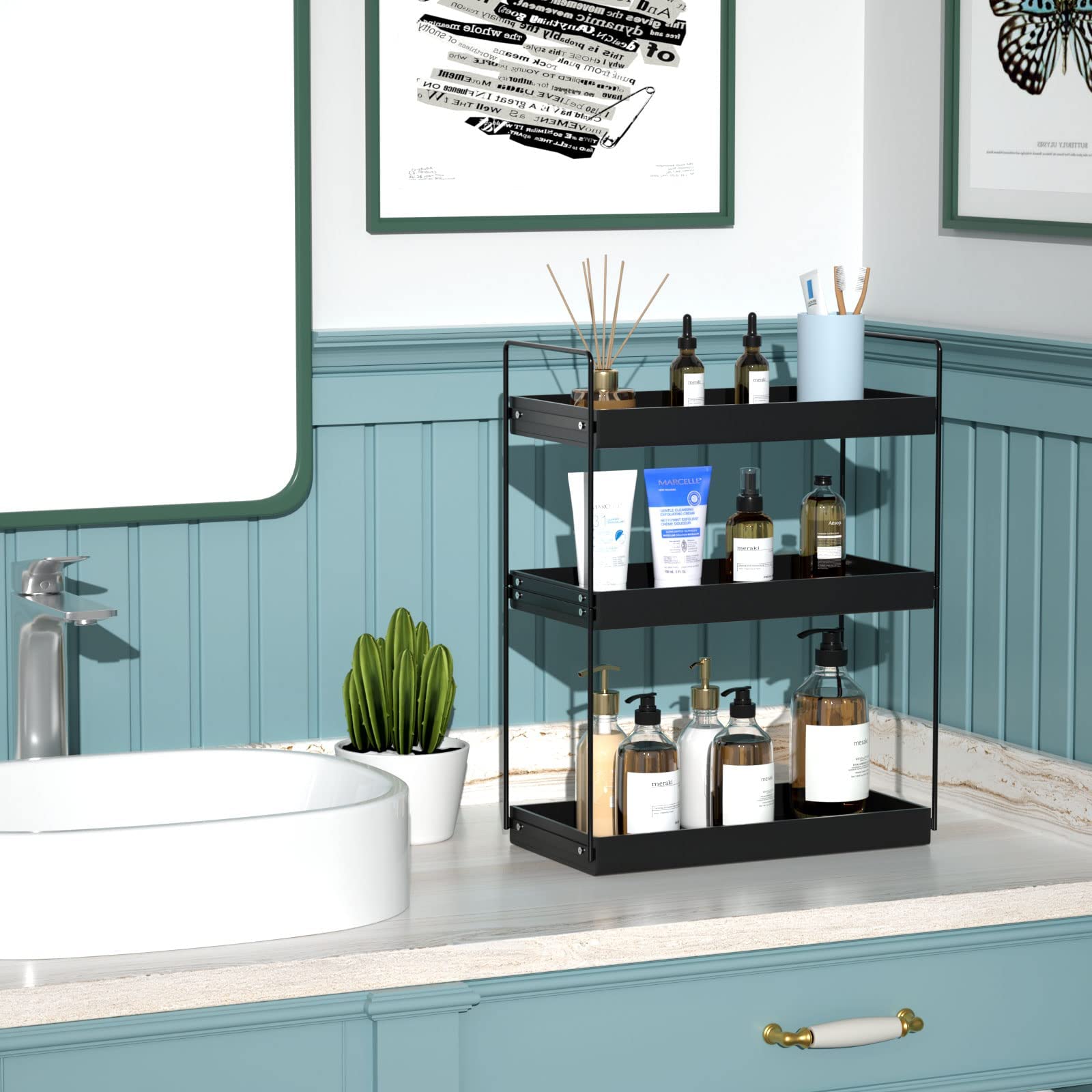 Bathroom Countertop Organizer, 3 Tier Metal Vanity Counter Skincare Shelf, Matte Black Under Sink Standing Rack With Acrylic Tra