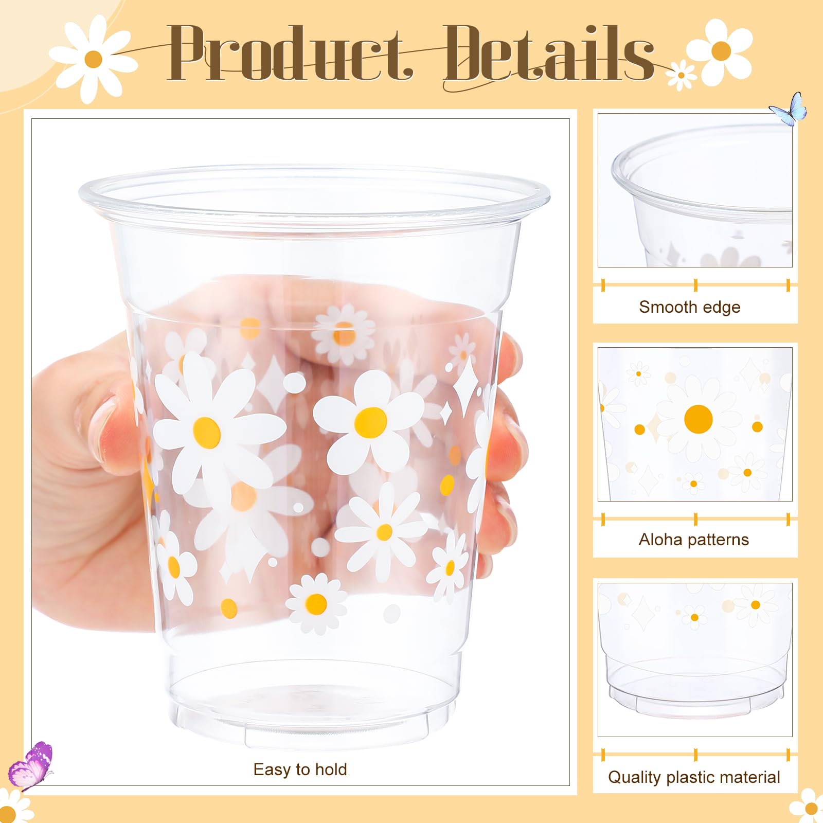 Yaomiao 50 Pieces Daisy Plastic Cups 12 Oz Bulk Retro Hippie Clear Disposable Cups Daisy Flower Drinking Beverage Cups For Birth